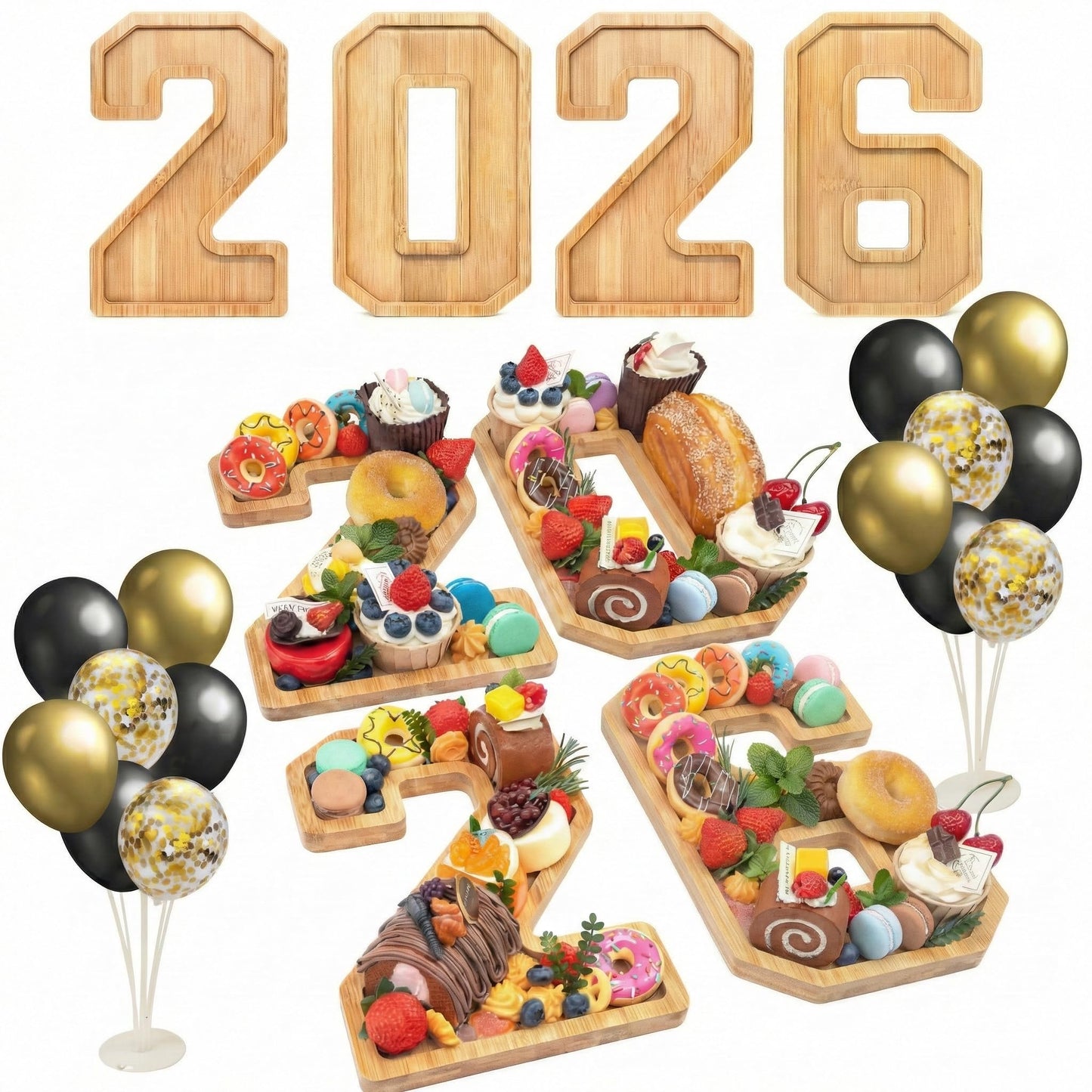 Nsoyos 4PCS Wooden Graduation Decorations Number Charcuterie Board Box-(with 14 Balloons) 2026 Charcuterie Numbers Fillable Food Graduation Party Supplies