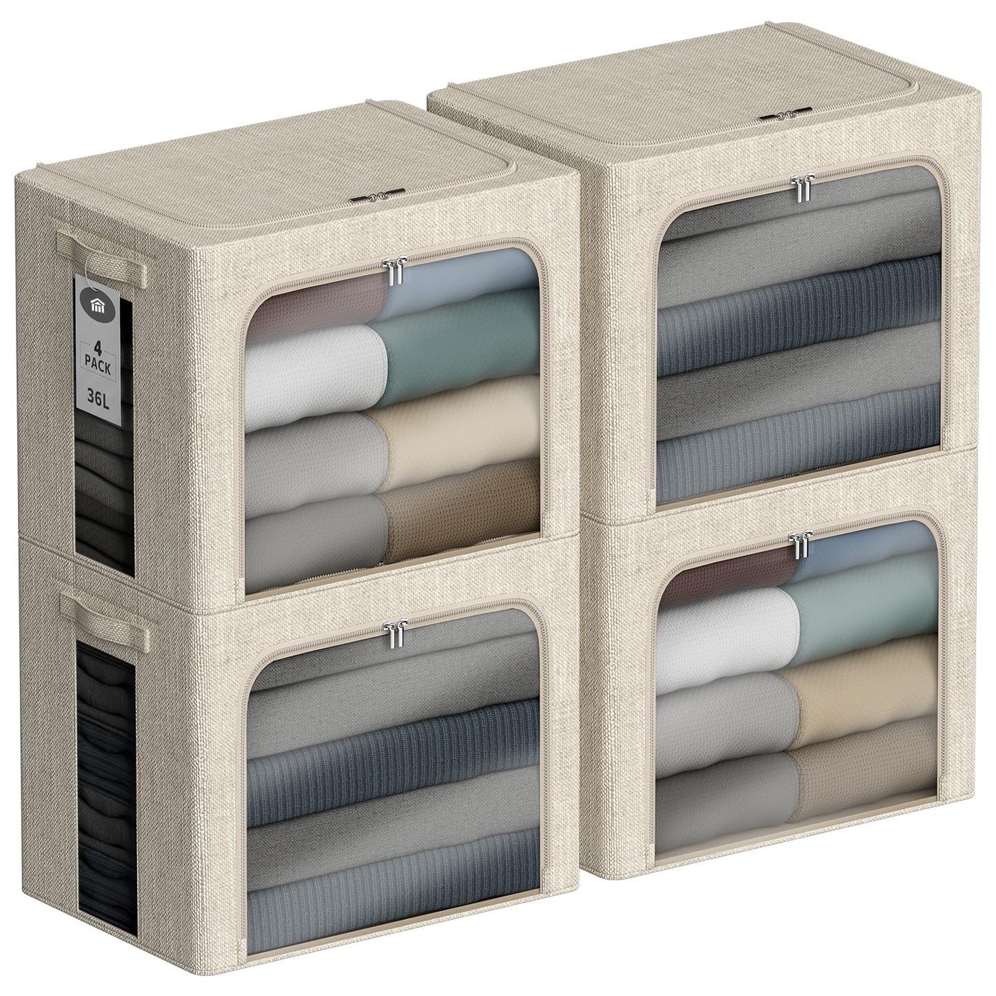 Chizjox 4 Pack Clothes Storage Bins with Metal Frame - 36L Stackable Storage Box with Lid，Foldable Storage Container Organizer for Clothes，Linen Fabric Storage Box with Clear Window＆Zippers＆Handles