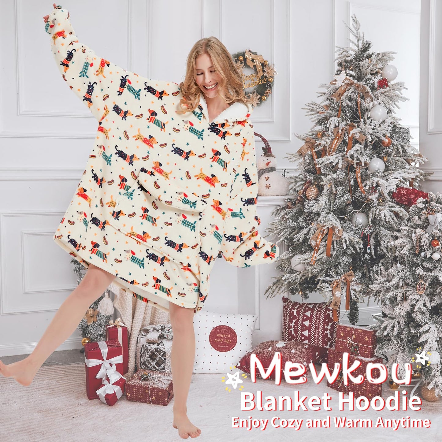 Mewkou Wearable Blanket Hoodie for Adult,Oversized Sherpa Fleece Blanket Hoodie for Women Men,Dachshund