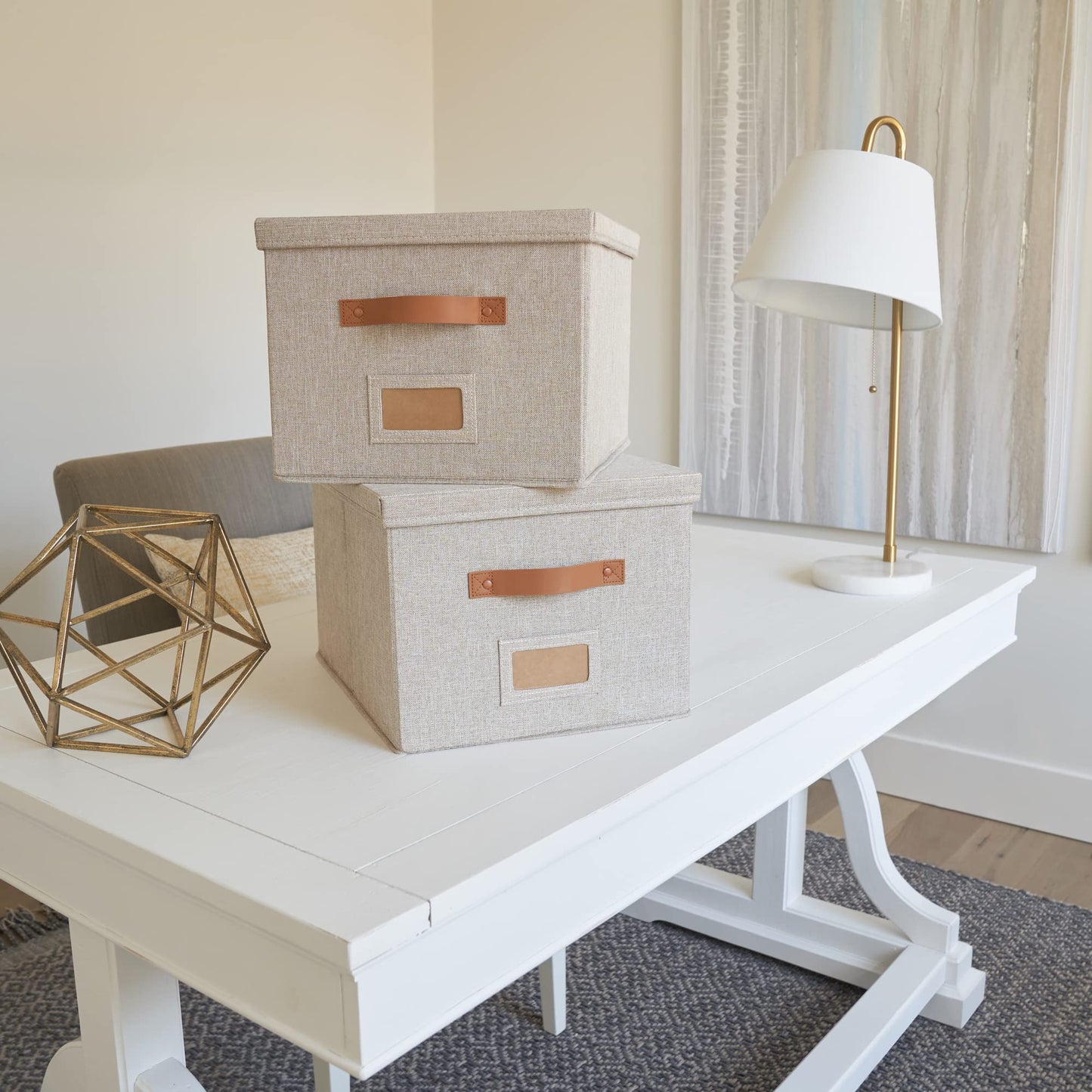 Decorative File Organizer Box Set of 2 - Collapsible Linen Filing Cabinets with Handles Are Perfect to Store All Your Documents & Hanging File Folders - Portable Easy Slide Office Crates with Lid