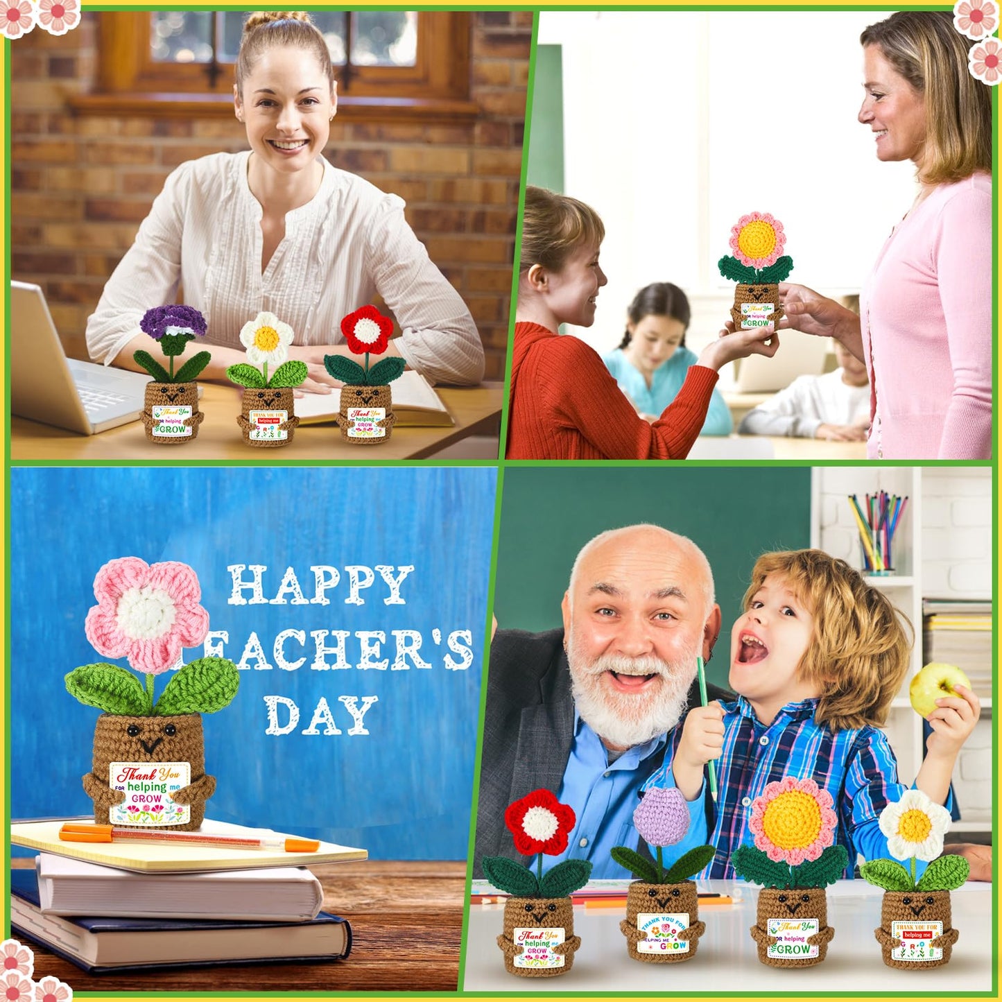 Daifunli 10 Pcs Appreciation Gifts for Teacher, Thank You for Helping Me Grow, Crochet Potted Plants with Card Crochet Flowers for Teacher Graduation End of Year from Students
