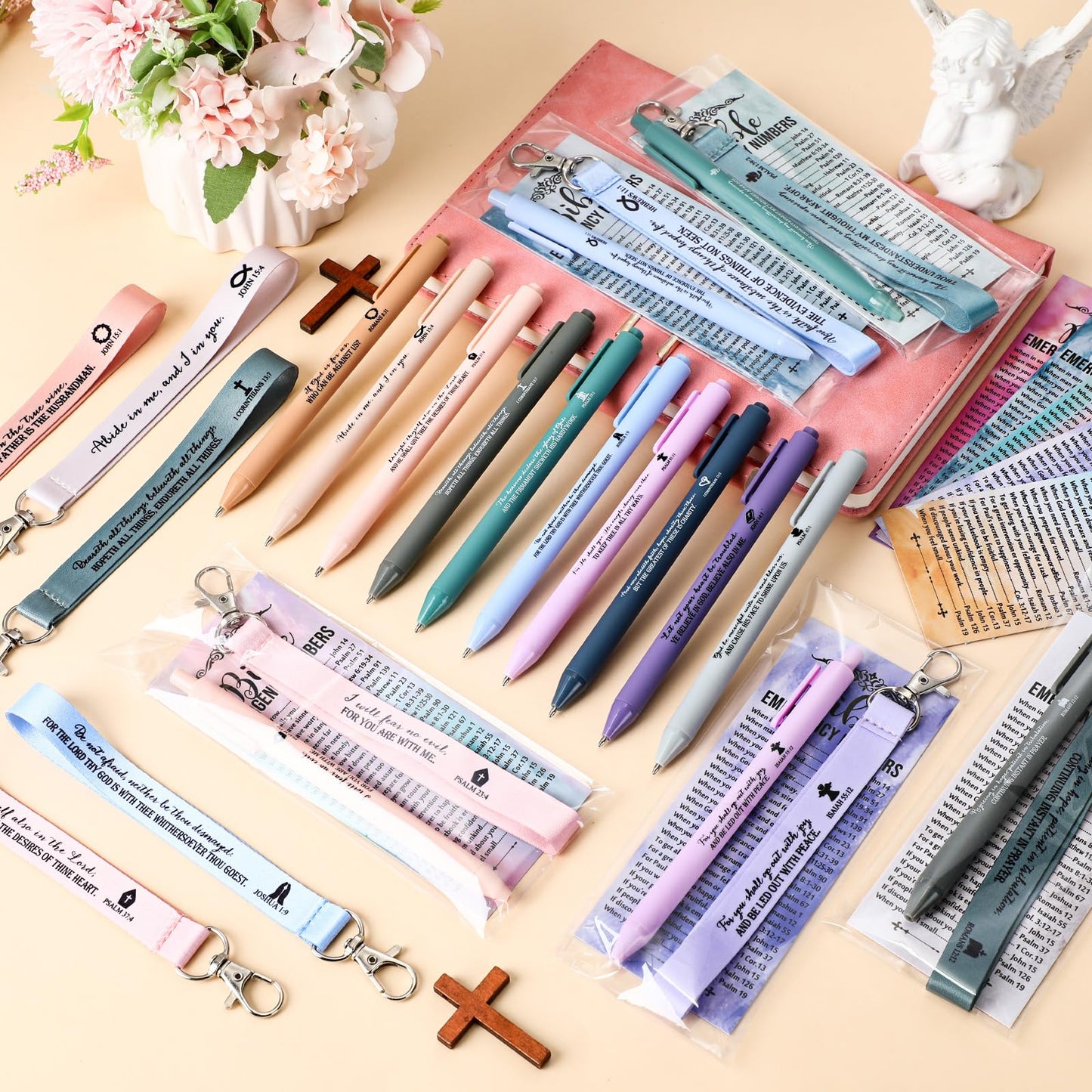 Sinload 50 Set Christian Gift Bulk Bible Emergency Numbers Bookmark with Silicone Keychains Scripture Quote Pen Religious Study Supplies for Father Day Church Bible Study Group (Watercolor)