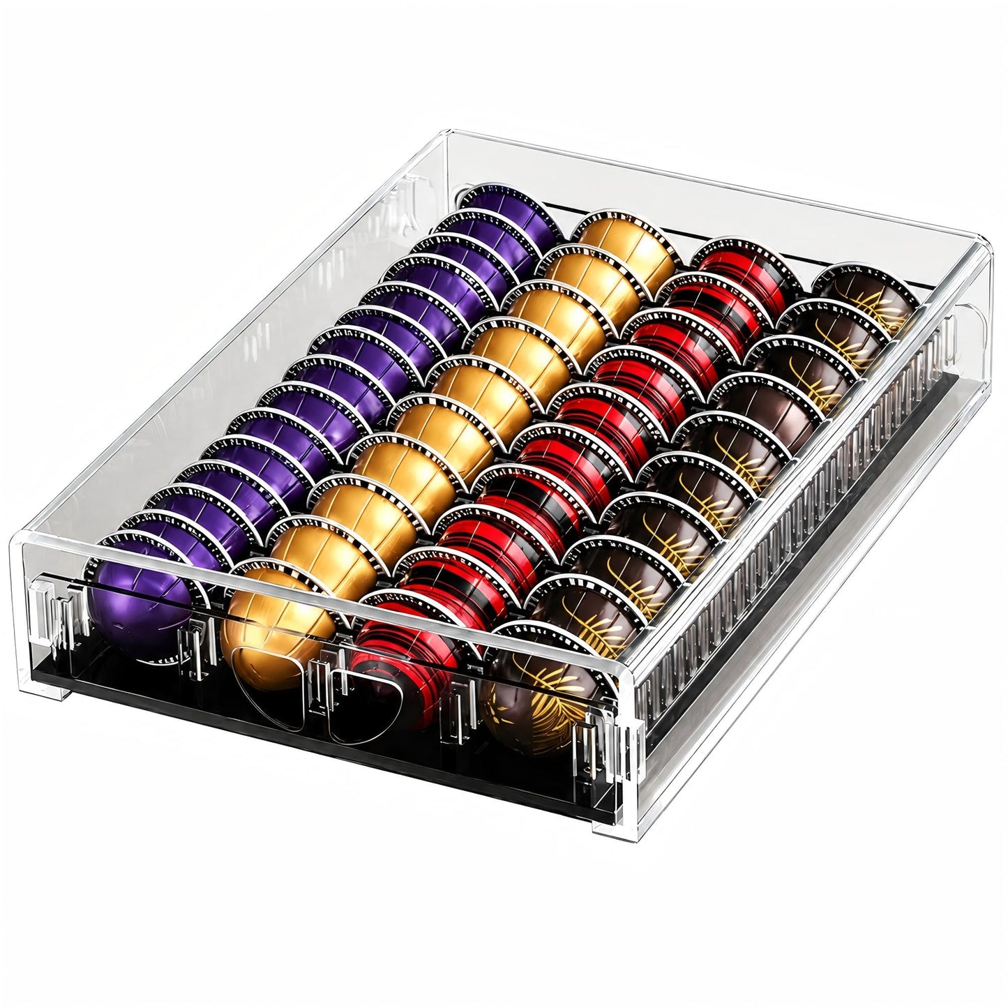 BLACKSMITH FAMILY Coffee Pod Drawer Organizer for Nespresso Vertuo Pods,Acrylic Coffee Pod Holder Holds 40 Large or 60 Small Capsules,Pull-Out Drawer with Anti-Slip Base for Countertop（Matte Black)
