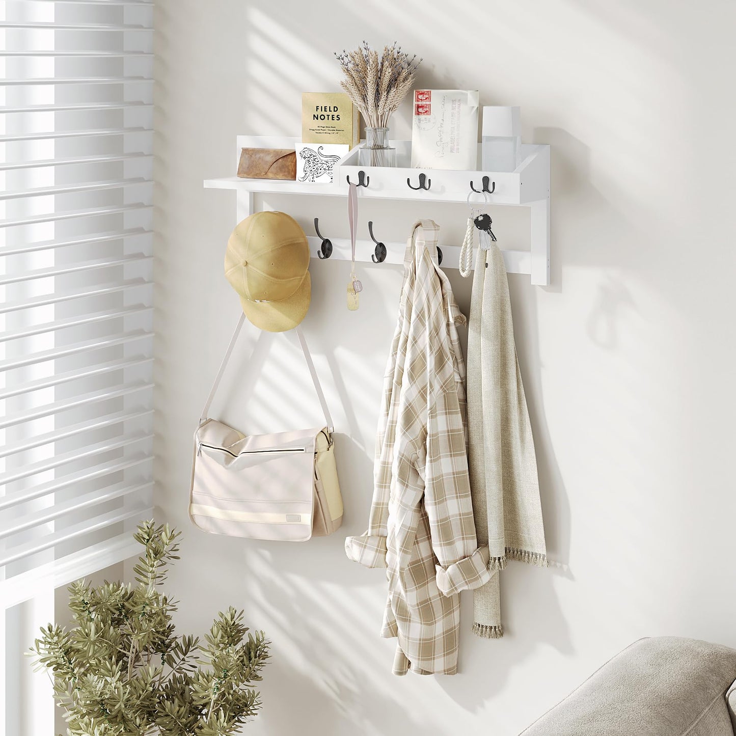 AMBIRD Wall Hooks with Shelf, 26.57 Inch Entryway Wood Coat Hooks for Wall, Coat Rack Wall Mount with 5 Dual Hooks 3 Key Hooks Mail Organizer and Key Rack Holder (White)