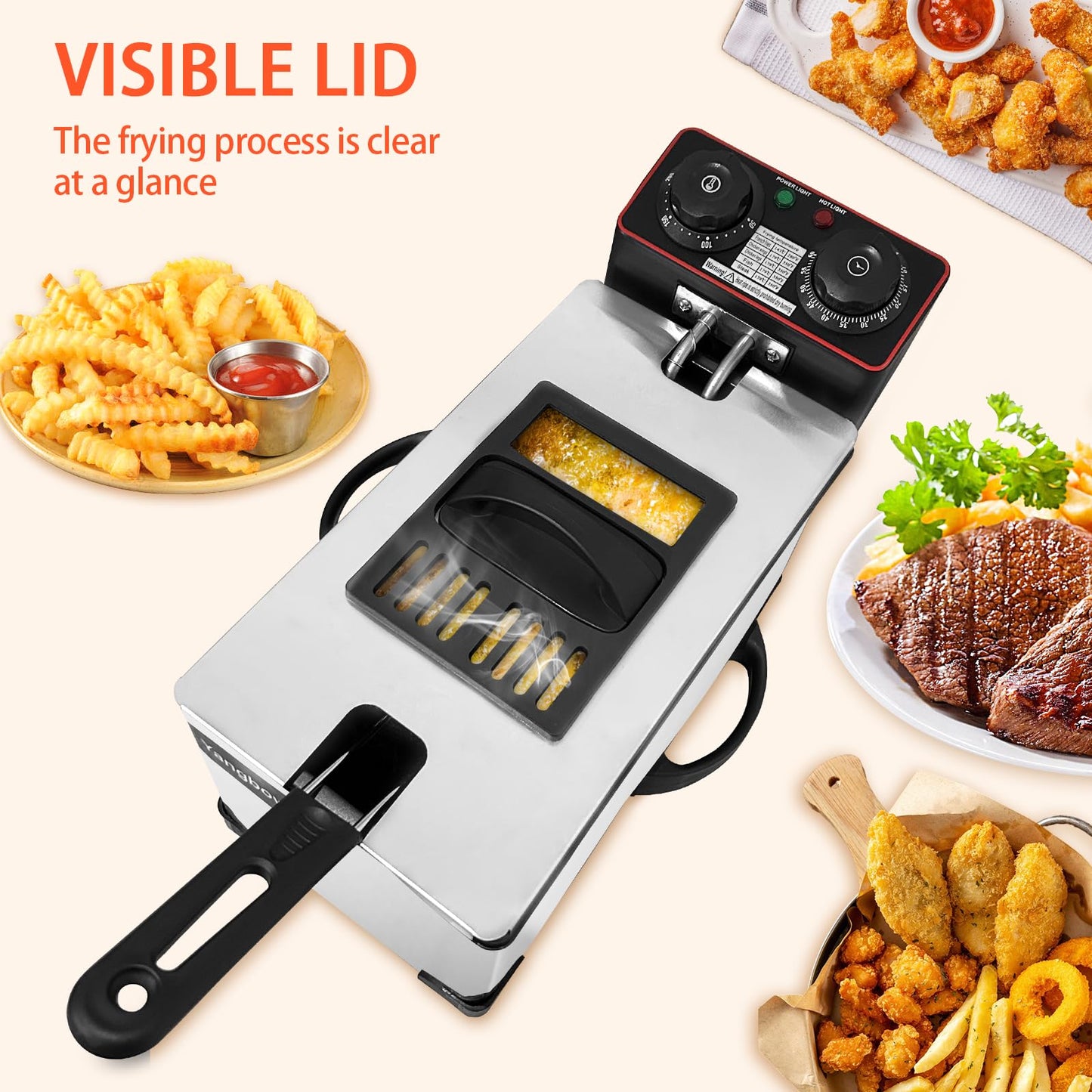 Yangbowan 3L Deep Fryer with Basket for Home, 1300W Electric Small Deep Fryer with Temperature Control, Timer Control, View Window Lid, Stainless Steel Body for Restaurant Use