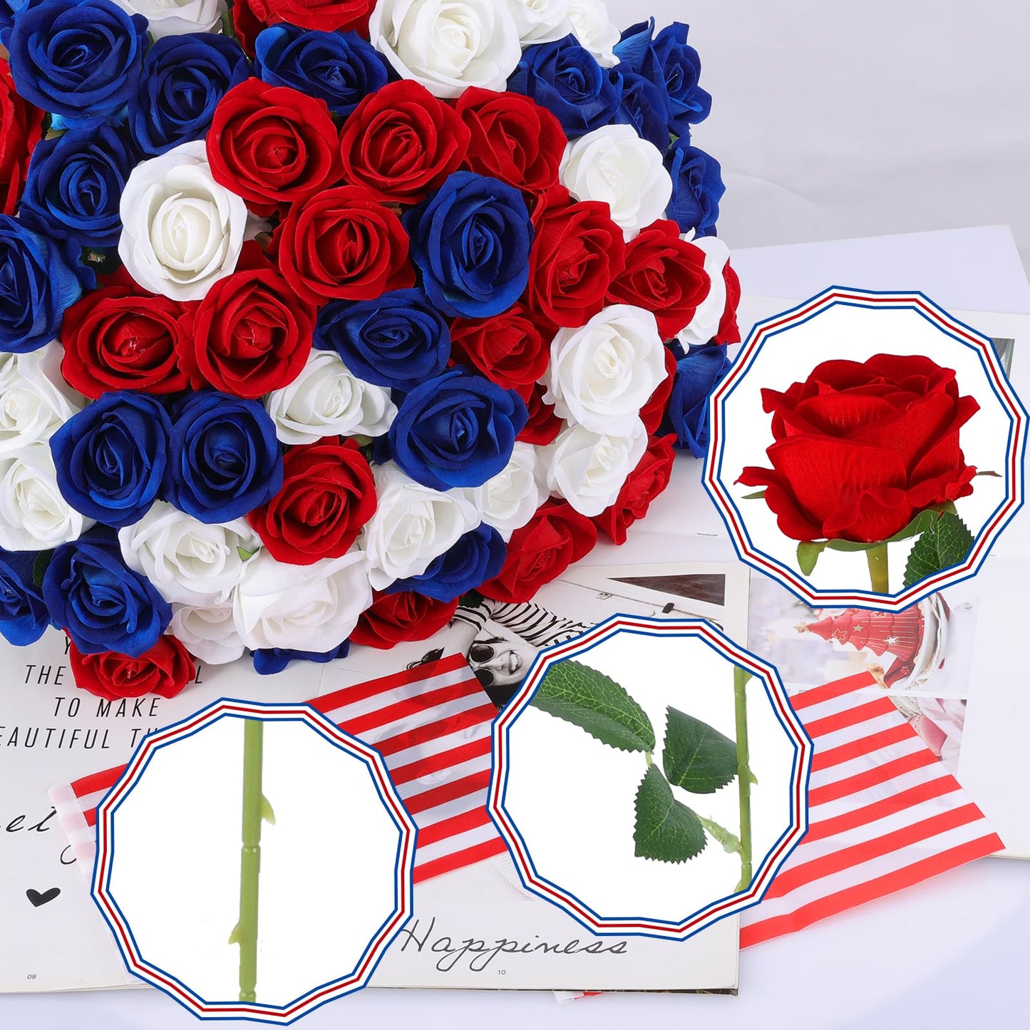 Hananona Artificial Roses in Bulk, Fake Velvet Silk Roses Realistic Roses for 4th July Wedding Centerpieces Independence Day Flower Arrangement Home Decor (50, Red, White, Blue)
