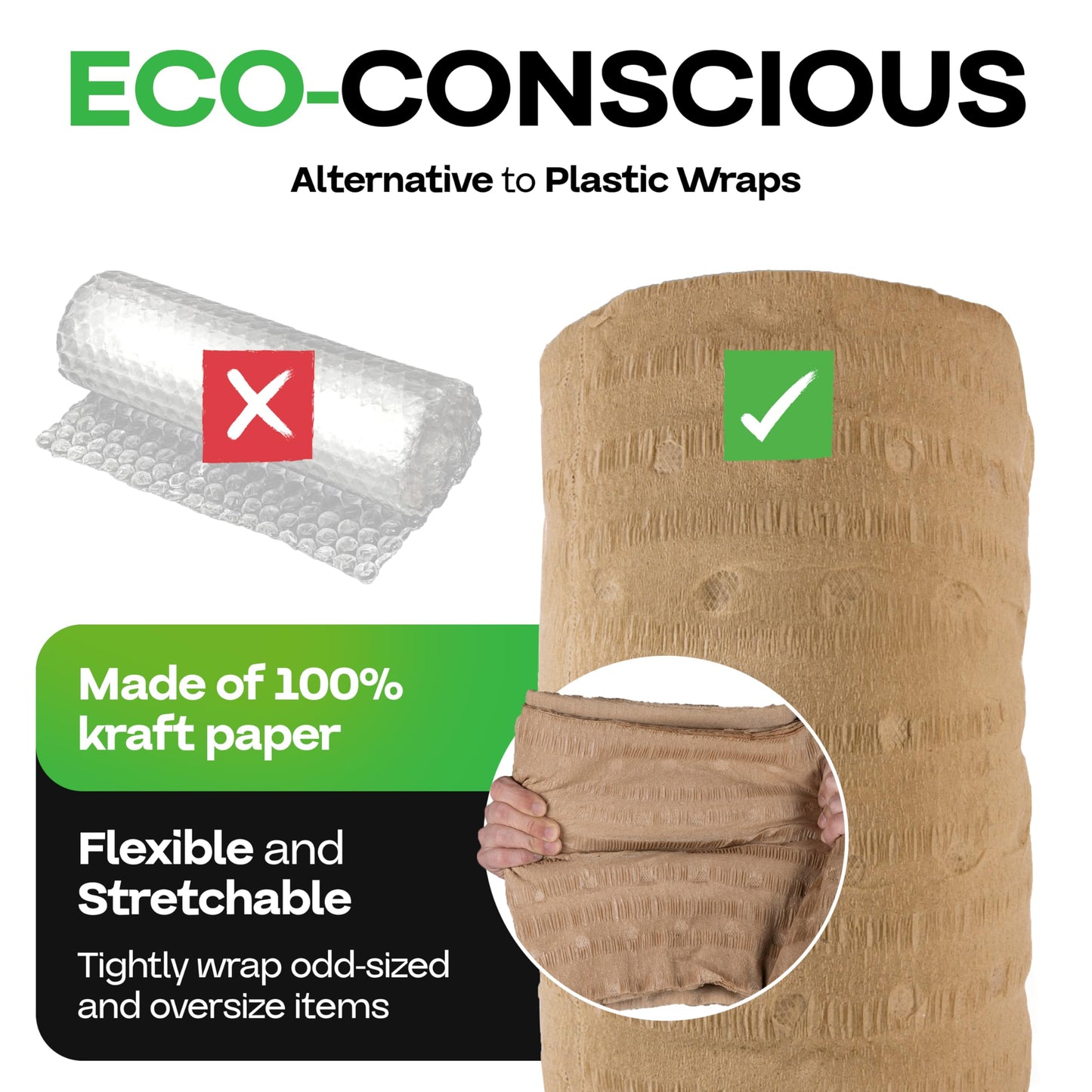 IDL Packaging 12" x 50' EcoMax Kraft Paper Cellulose Wadding (1 Roll) - Cushioning Wrapping and Box Void Filling - Soft and Gentle Packing for Shipping, Moving, and Storing Fragile Items