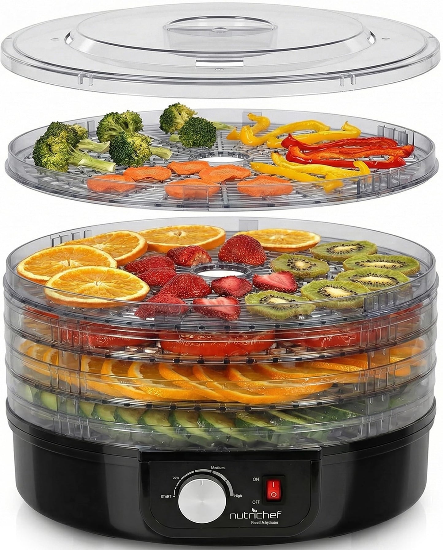 NutriChef Electric Countertop Food Dehydrator - Professional Multi-Tier Food Preserver - Dehydrates Fish, Meats, Mushrooms, Fruits & Vegetables - 5 Easy to Clean Stackable Trays., One Size, Black