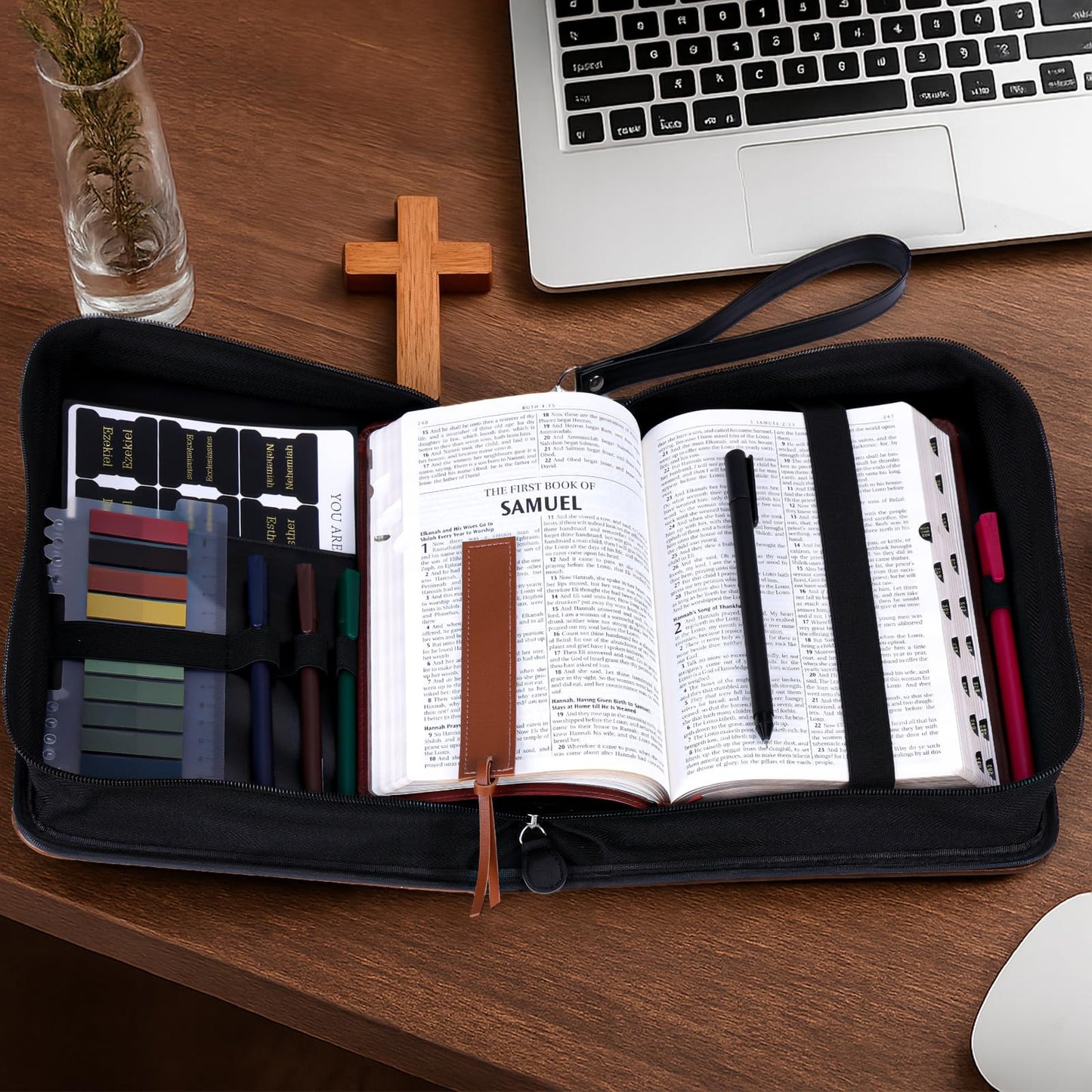 XKDOUS 20 Pcs Bible Case Set with Tabs, Pens, Study Supplies Carrier Holder Portable Men's Bible Bag Church Book Leather Cover Father Day Christian Gift for Dad, Mom, Men, Women