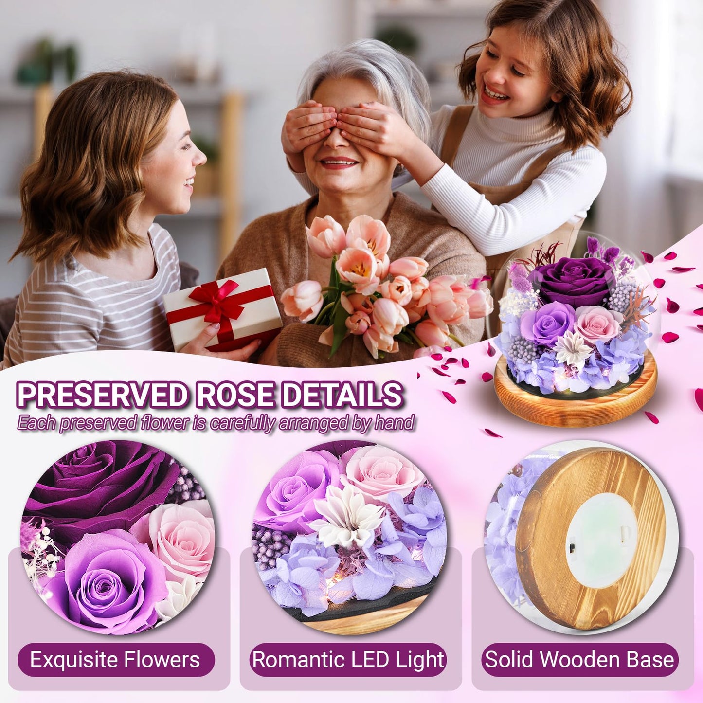Preserved Flowers Rose in Glass Dome Forever Flowers Valentines Day Gifts for Her Eternal Roses with Light Long-Lasting Real Flowers Mothers Day Birthday for Women Mom Grandma, Purple