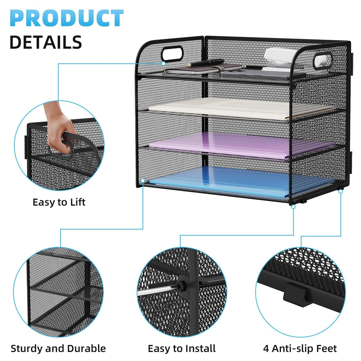 Marbrasse 2 Pack 4 Tier Paper Organizer Letter Tray - Mesh Desk File Organizer with Handle, Paper Sorter Organizer for Letter/A4 Office File Folder Holder (Black, 12.6" x 9.1" x 10.7")