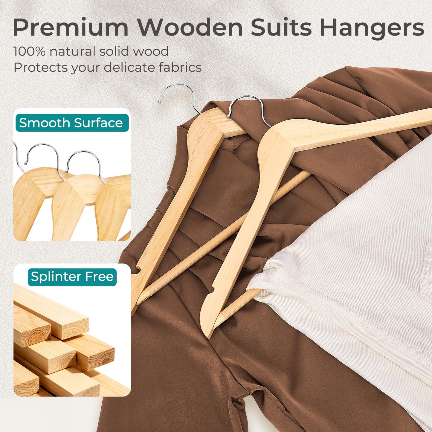 HOUSE DAY Premium Wooden Coat Hangers 30 Pack, Heavy Duty Solid Wood Clothes Hangers with 360° Swivel Hook & Pant Bar for Jackets, Dress, Shirts, Natural Wood Suit Hanger for Closet Organizer