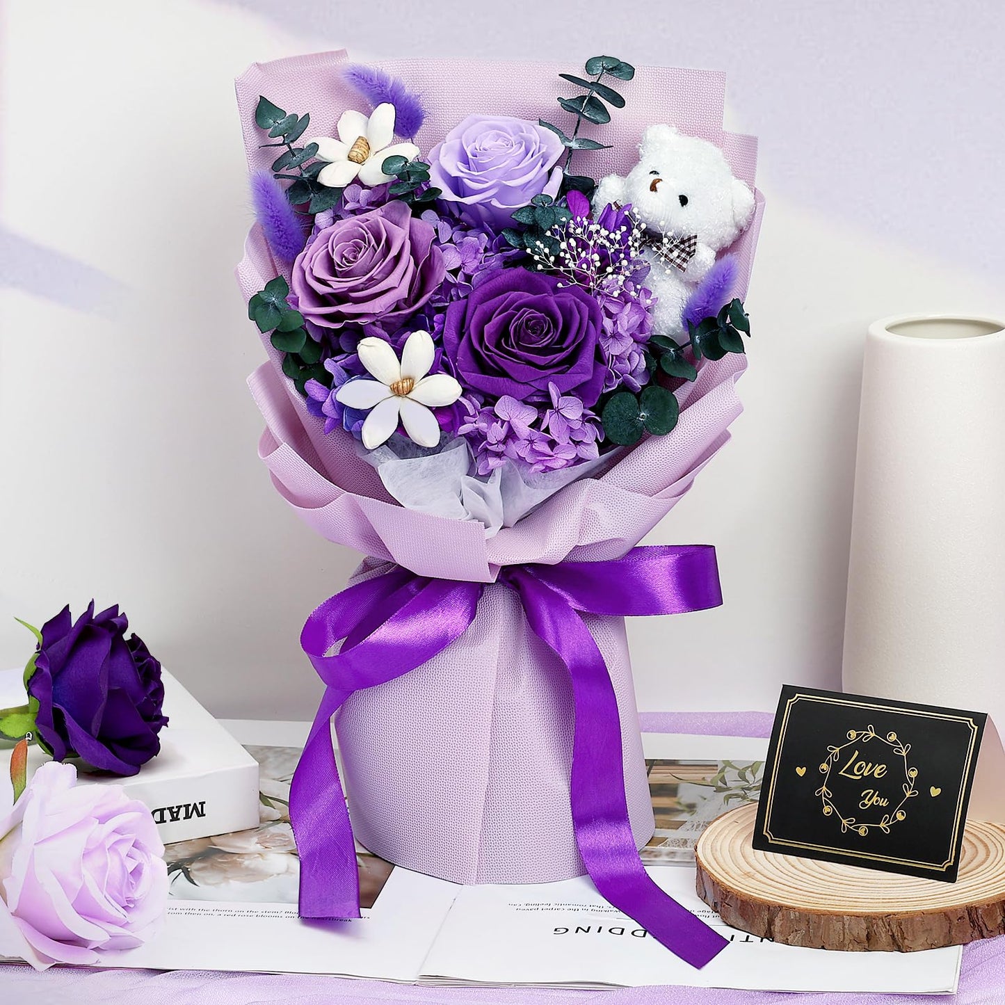 Tobilu Preserved Flowers Bouquet Graduation - Purple Forever Roses with Bear for Graduation Gifts, Anniversary, Birthday, Valentine for Mom Grandma Women Wife - Purple
