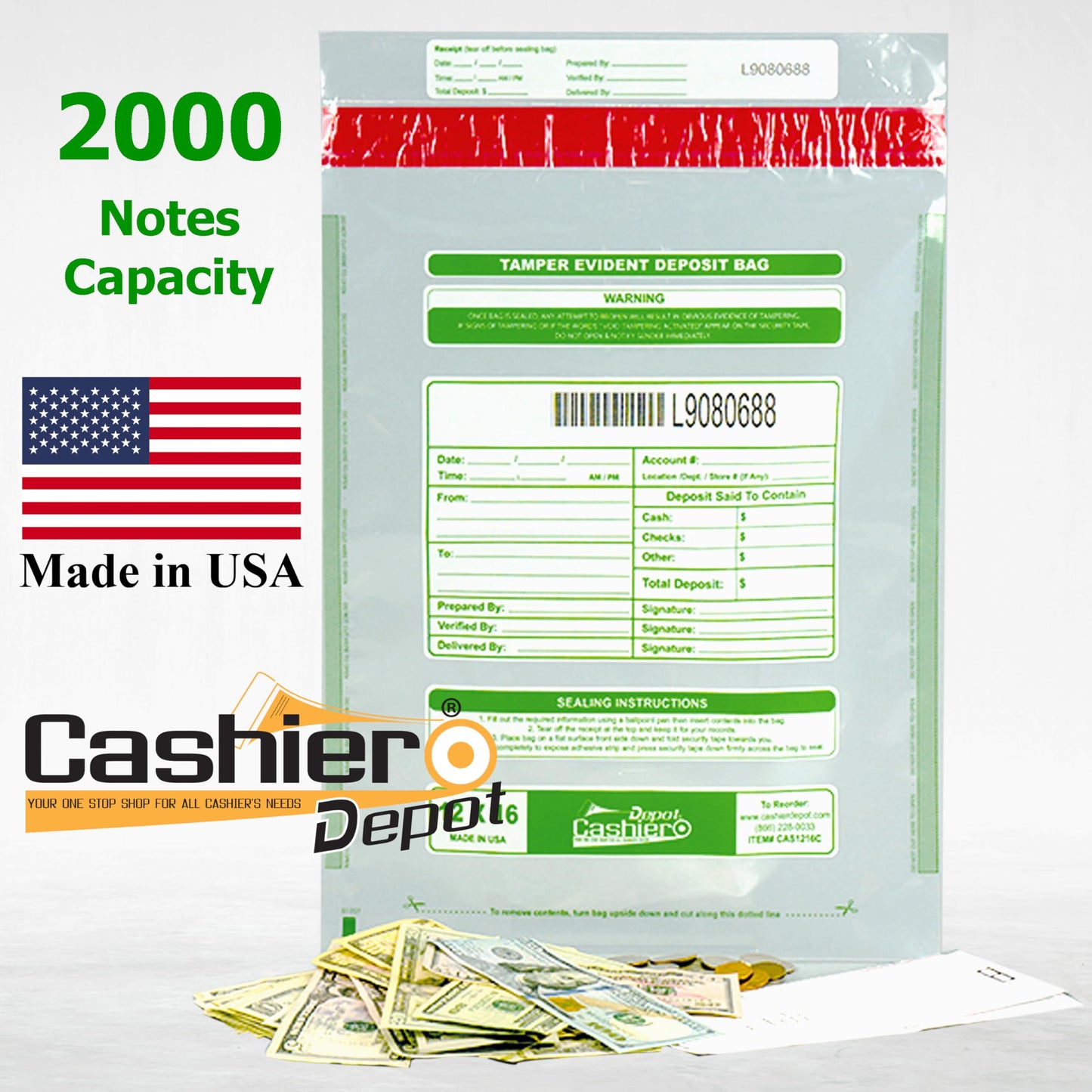 100 Cashier Depot - Tamper Evident Deposit Bags, 12" x 16", Clear, Plastic, Press & Seal VOID Closure, Perforated Receipt, Serialized Barcode, 100 Count