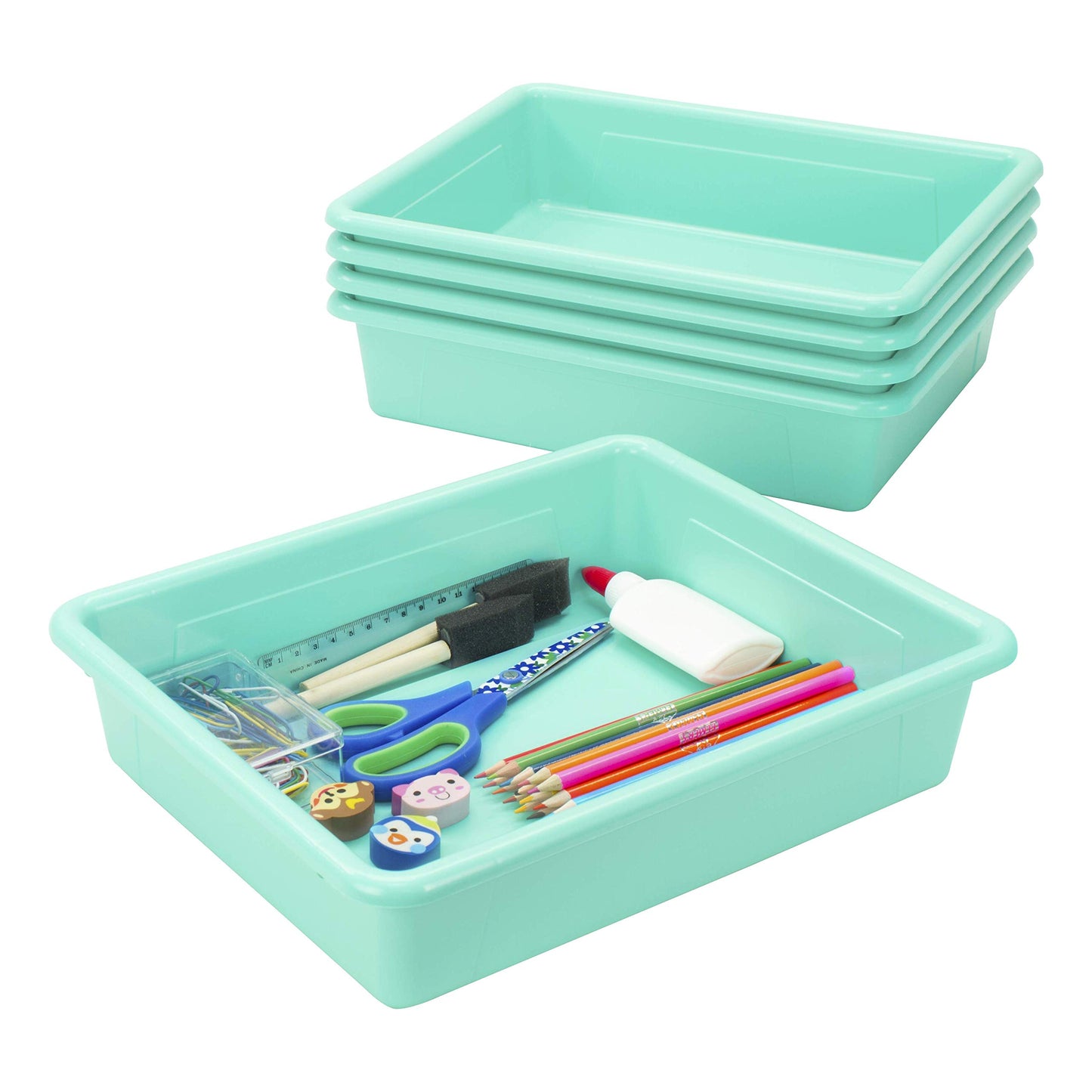Storex Letter Size Flat Storage Tray – Organizer Bin with Non-Snap Lid for Classroom, Office and Home, Teal, 5-Pack (62541U05C)