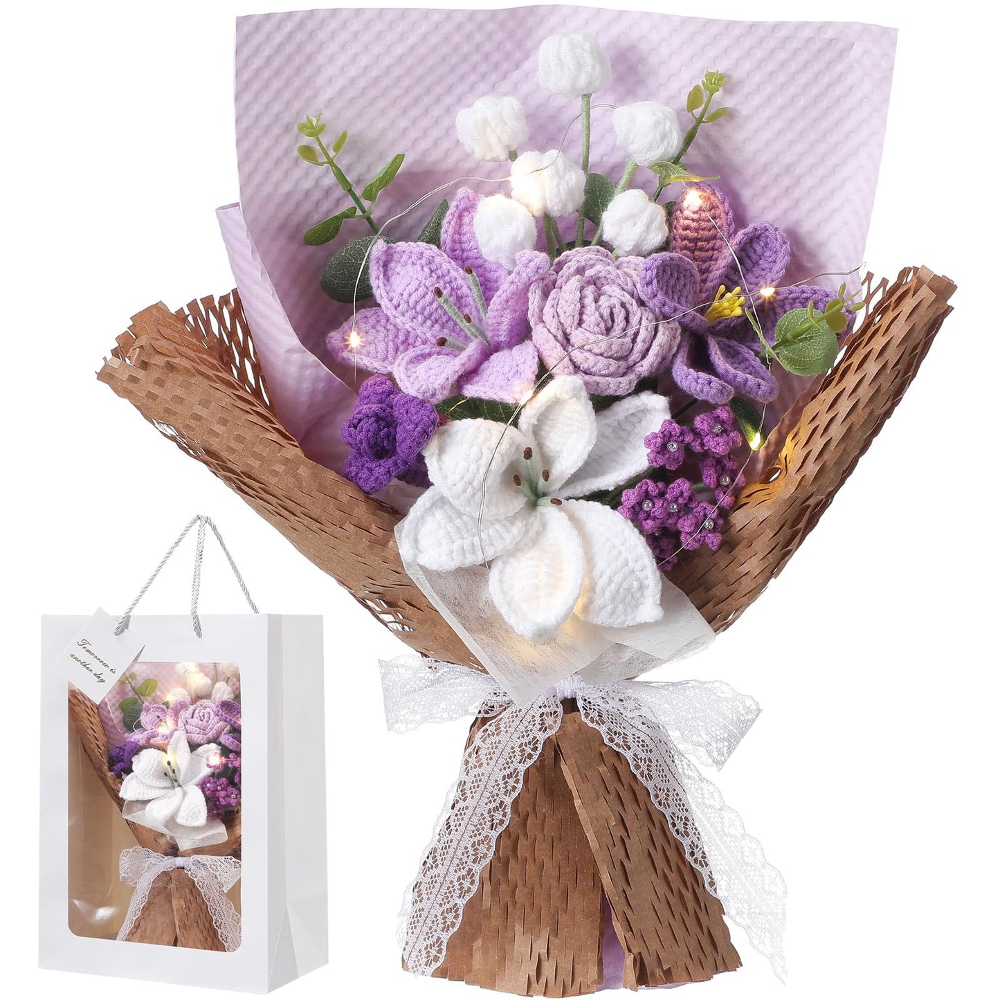 Juinte Graduation Crochet Flower Bouquet Gift Completed Handmade Knitted Bouquet with Lily Tulips Rose for Graduation Birthday Wedding Summer Home Women(Purple)