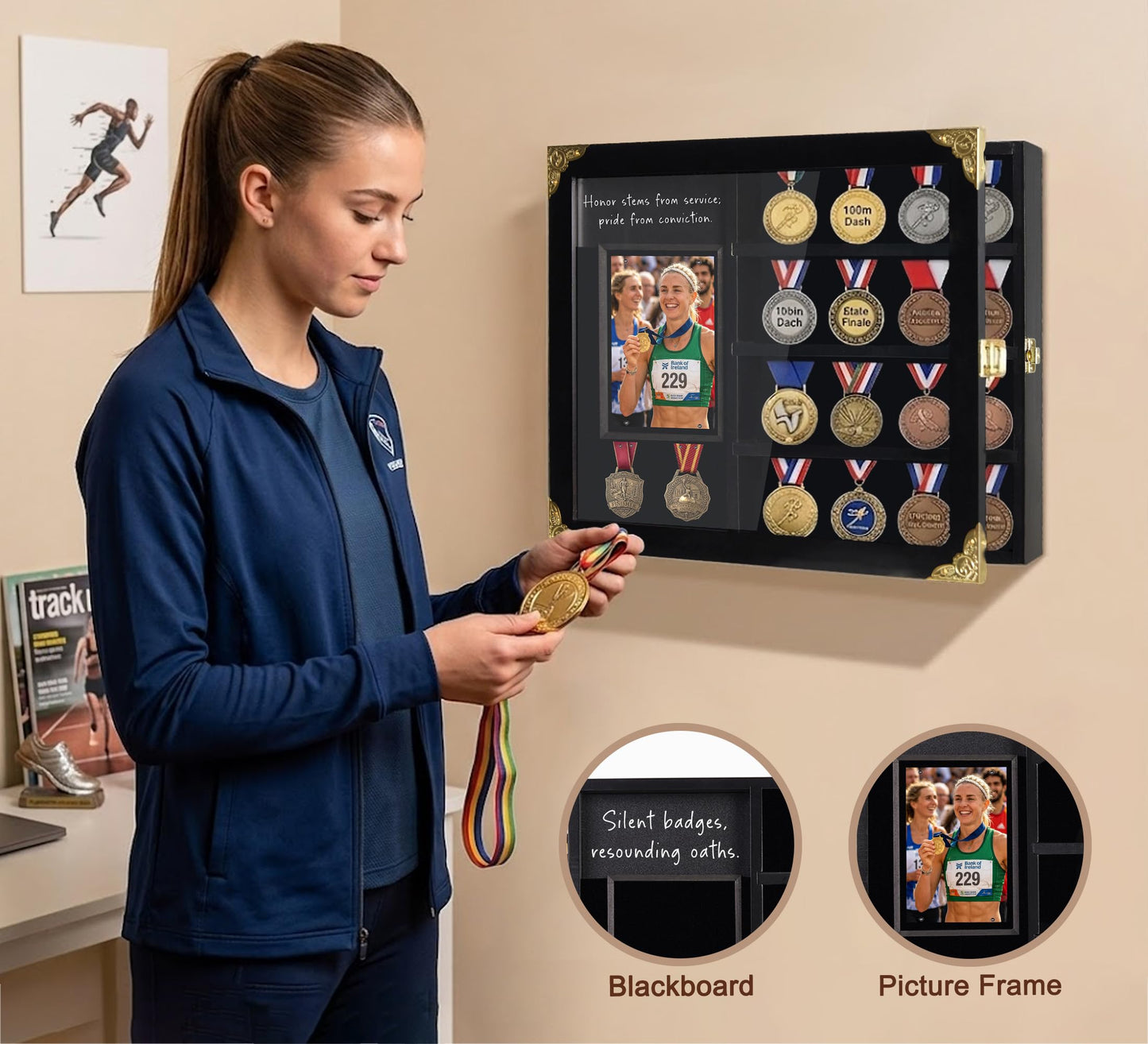KWYADLUO Challenge Coin Display Case for Gift, Lighted Coin Medal Holder with Photo Frame & Chalkboard, Wall Mount Shadow Box with Removable Shelves, Memorial Gift for Men, Veterans, Collectors, Black