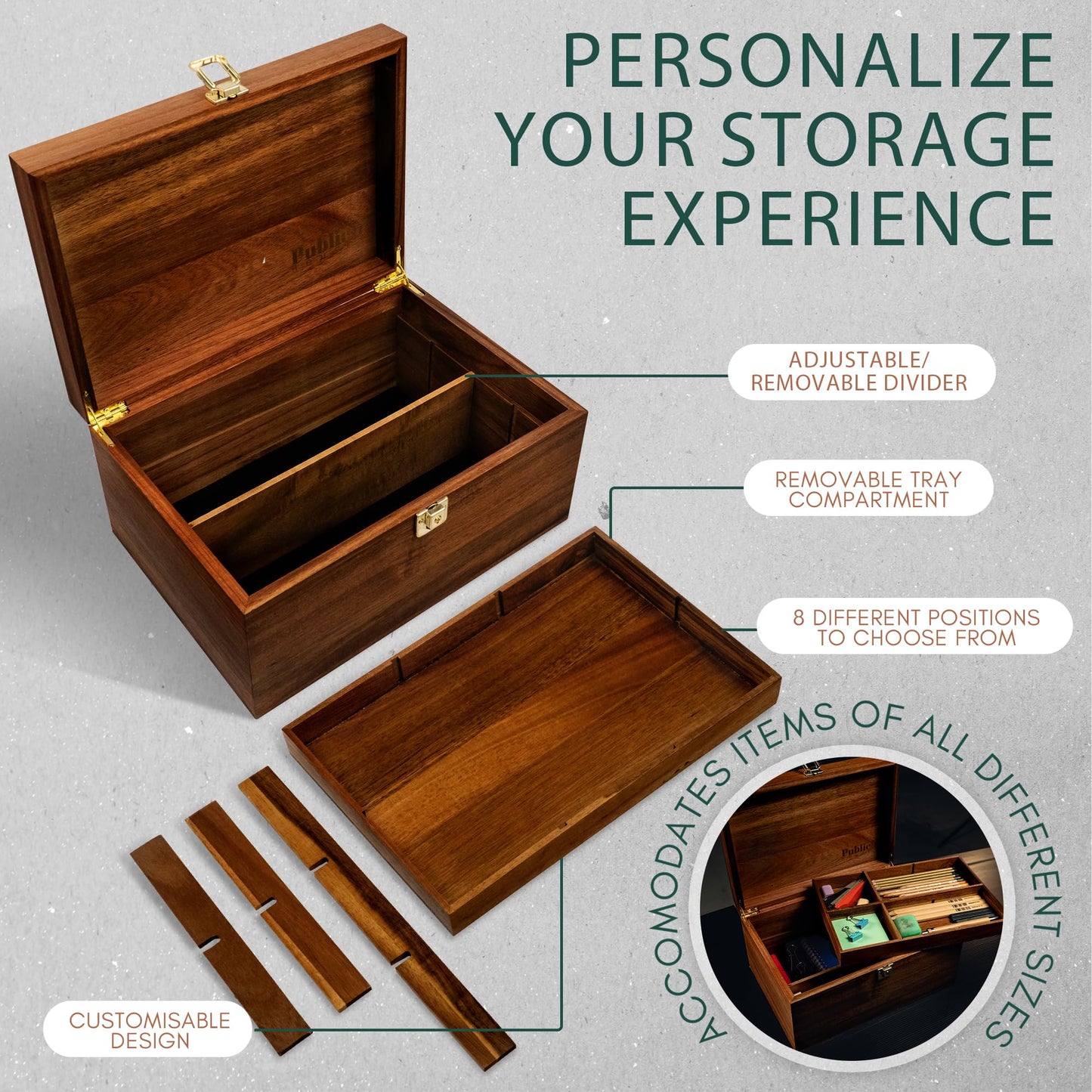 Public House Locking Wooden Keepsake Box, Customizable Design With Adjustable Tray. Large Wooden Box with Hinged Lid for Wedding and Memory Keepsakes