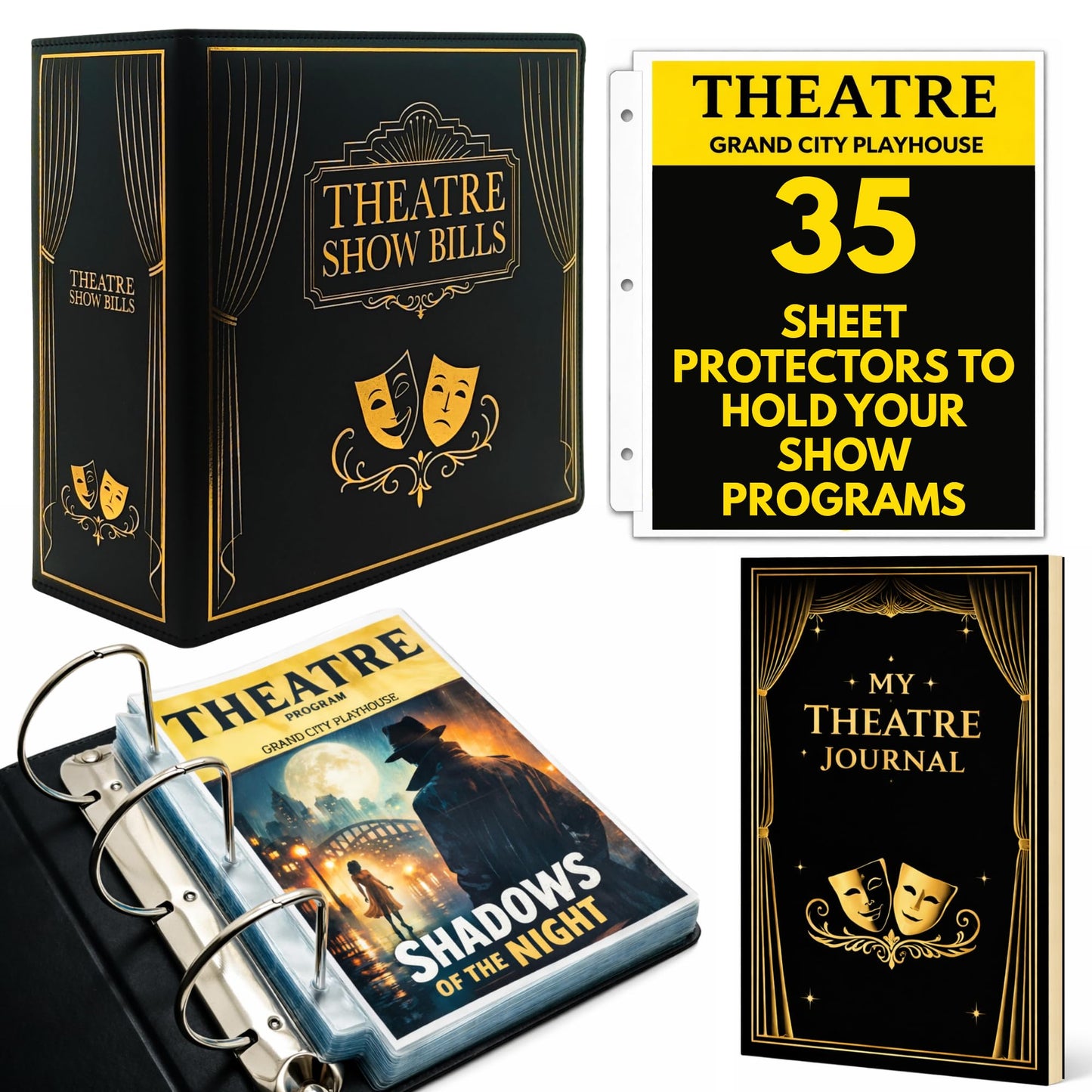 Show-Bill Binder & Theatre Journal Set – Faux Leather Folder with 35 Sleeves, 86 Show Log Book – Musical Theatre Program Organiser & Broadway Gift