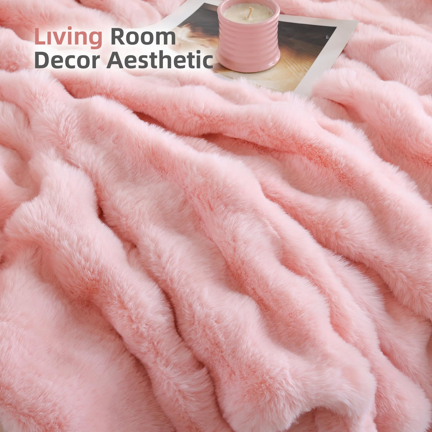 Smoofy Faux Fur Throw Blanket for Couch - Blush Pink Super Soft Cozy Bubble Blanket, Fluffy Plush Fuzzy Throw for Sofa & Bed, Thick Lightweight Warm Blanket, Luxury Aesthetic Gift for Women 50"x60"
