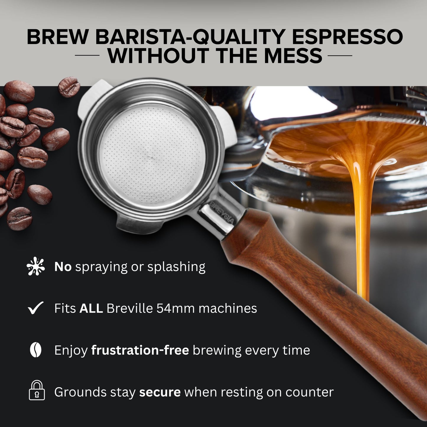 54mm Bottomless Portafilter Compatible with Breville Barista Express, Pro, Touch, Bambino Plus & Infuser – Naked Portafilter with 18g Precision Basket – Ergonomic Rosewood Handle | BRESYIA