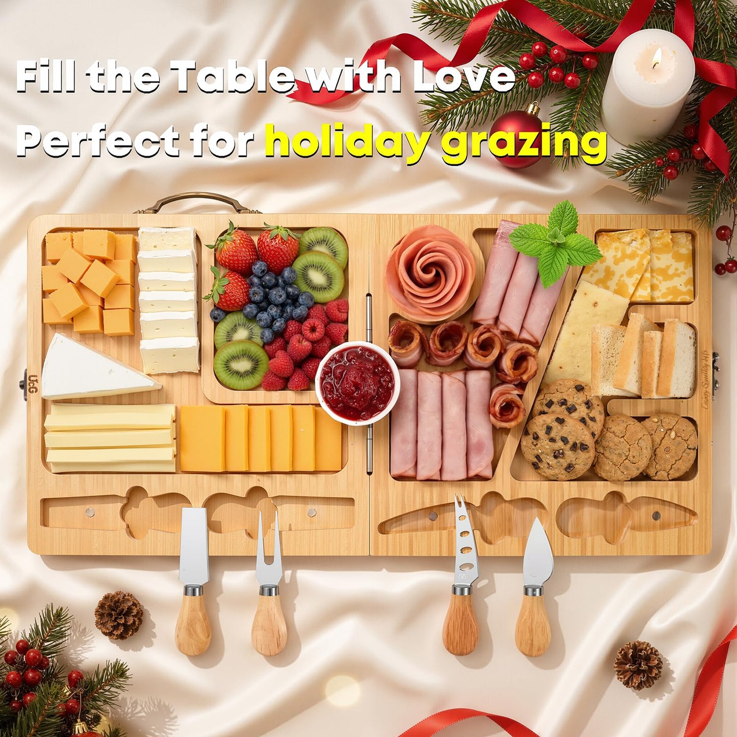 UTCG Charcuterie Board Gifts for Women: Bamboo Folding Cheese Board with Knife Set - Unique White Elephant Gift Wedding Housewarming Mothers Day Birthday Party Bridal Shower Gift