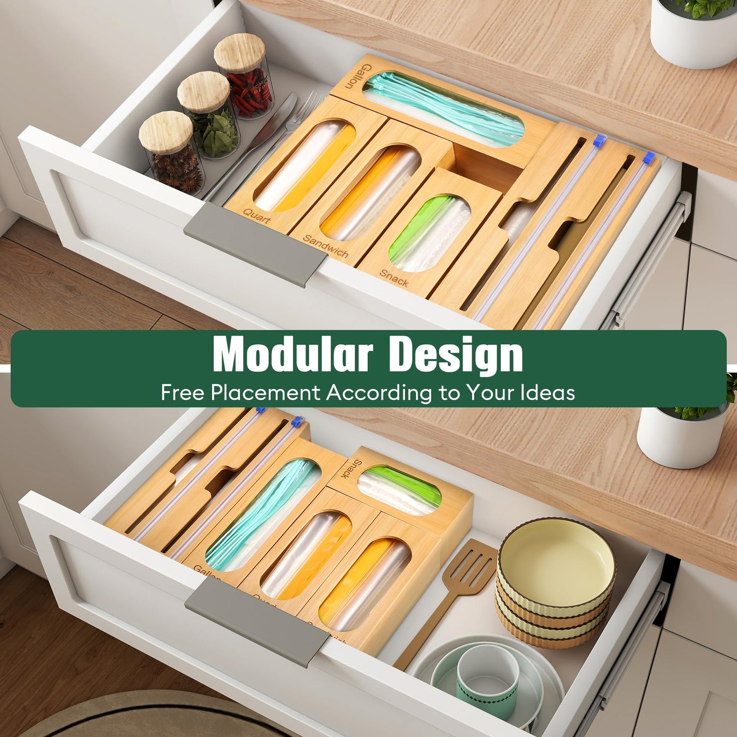 Gamtik Individual Storage Bag Organizer for Kitchen Drawer, Bamboo with Foil and Plastic Wrap Organizer for Kitchen Organizers and Storage, for Gallon, Quart, Sandwich, Snack