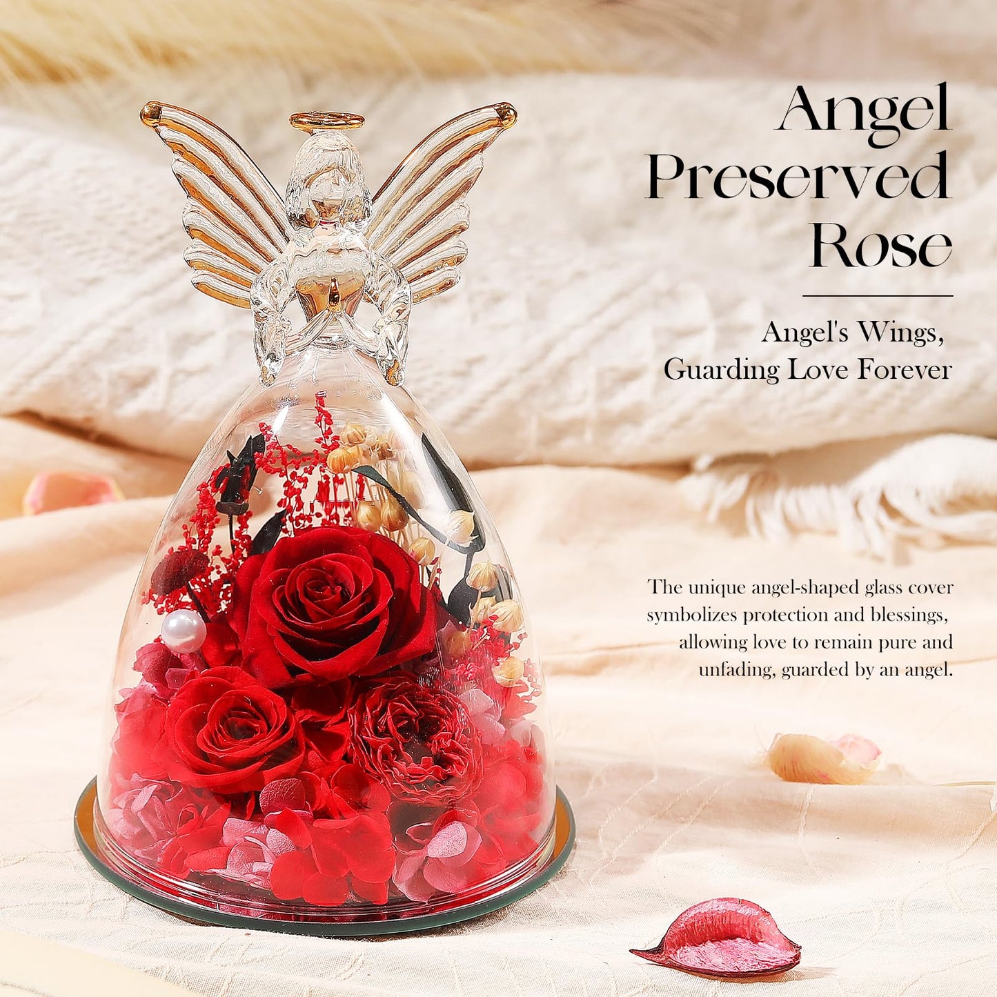 Mothers Day Roses Gifts for Mom Forever Preserved Real Roses Flowers in Glass Angel Figurines Fresh Flowers for Delivery for Grandma Women Mom Wife from Daughter/Red