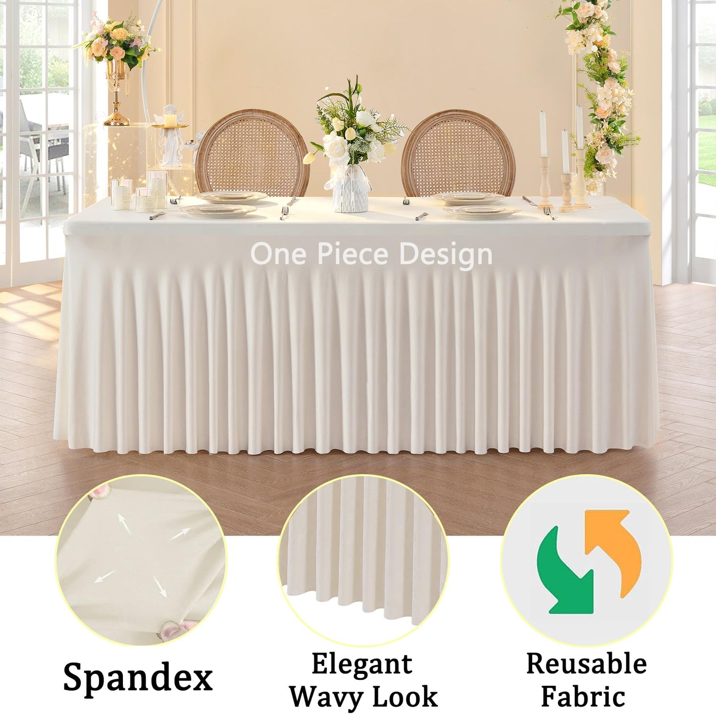 2 Pack Spandex Ivory Table Clothes for 6 Foot Rectangle Tables, 6FT Stretchy Tablecloths Fitted Table Cover Desk Skirt for Parties Weddings Birthday Banquet Baby Shower