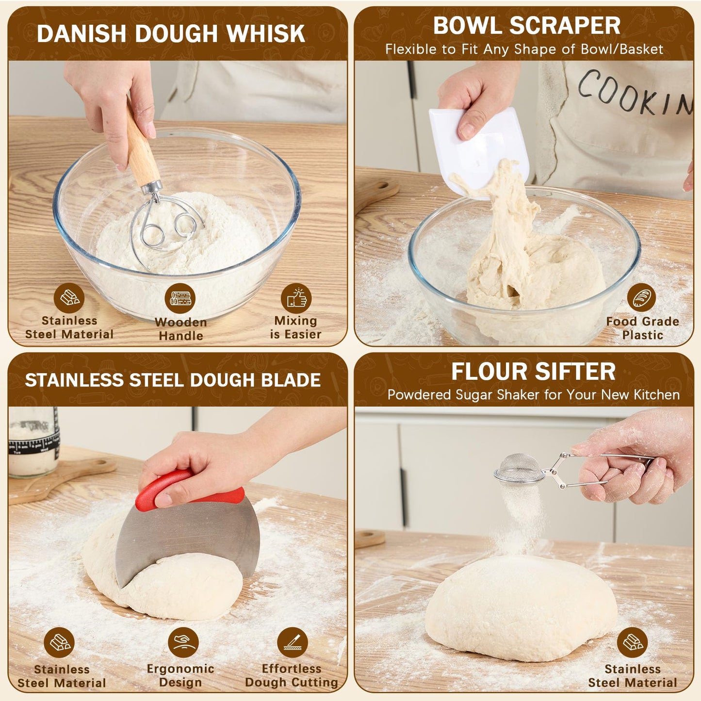 KNEDWRMY Sourdough Starter Kit & Sourdough Bread Baking Supplies-10" Round & Oval Banneton Proofing Baskets, 32 oz Sourdough Starter Glass Jar, Bread Making Tools, for Bread Making/Baking Fermentation
