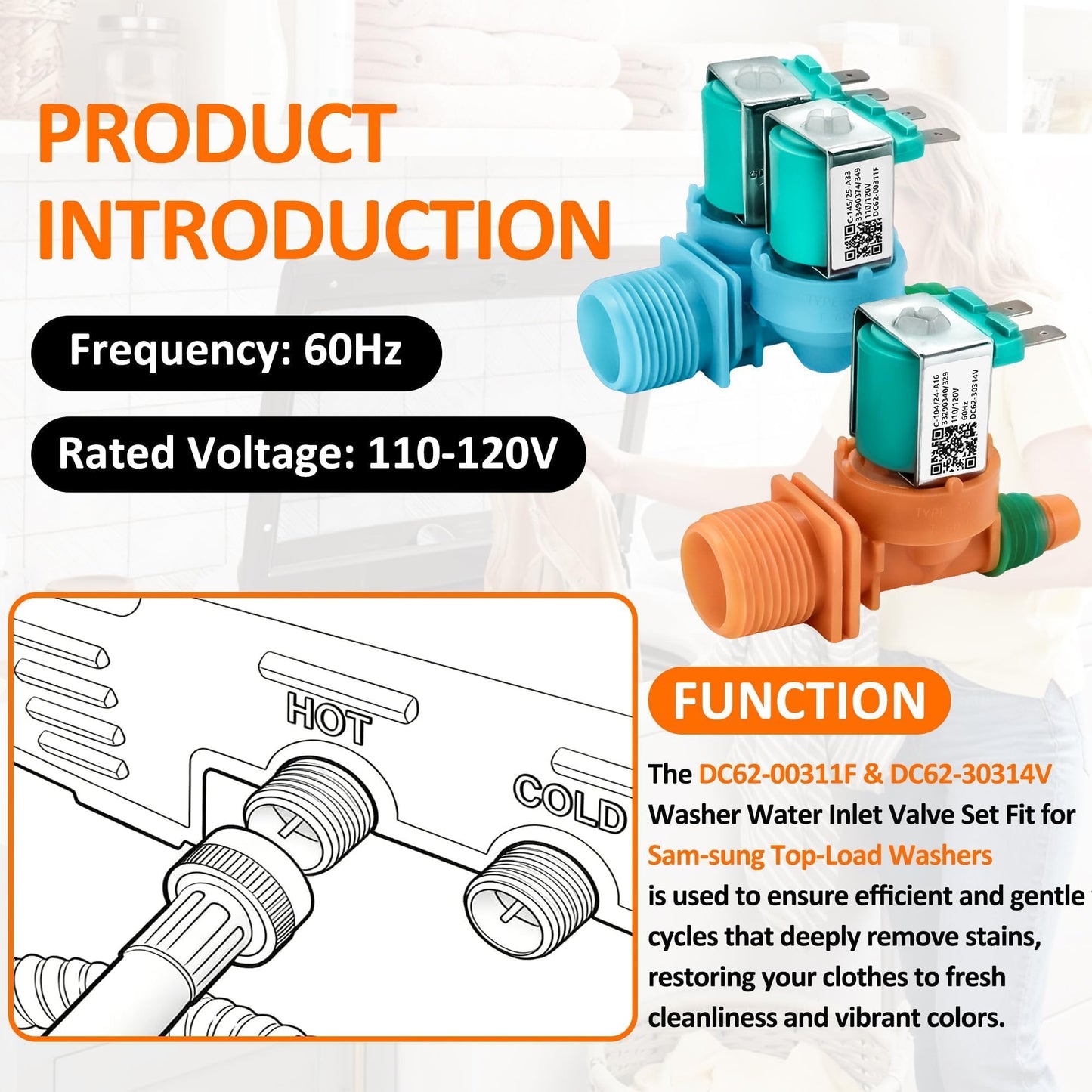 DC62-00311F&DC62-30314V Washer Water Inlet Valve set compatible with Sam-sung Washer WA40J3000AW WA45N3050AW WA40J3000AW/AA WA45T3200AW WA45N3050AW/A4 WA40J3000AW/A2 WA40J3000AW/A2-01 WA41A3000AW/A4