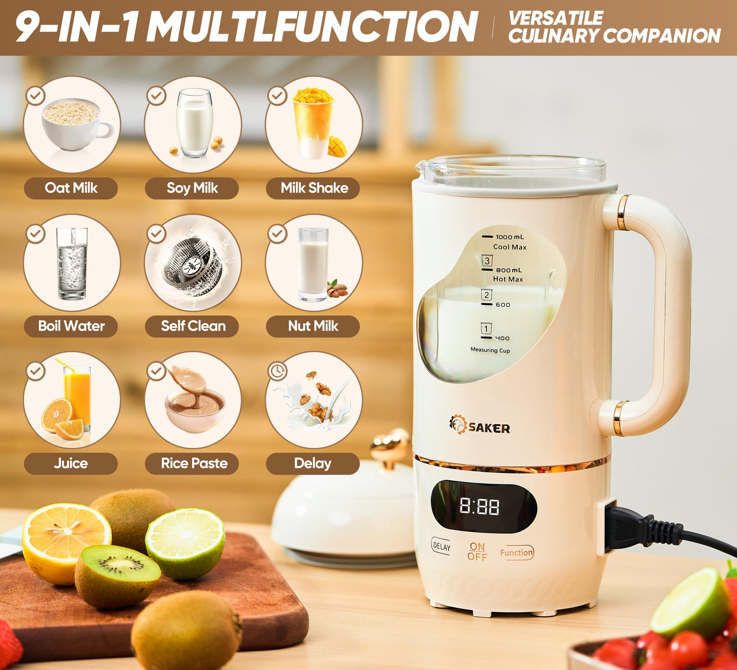 SAKER Automatic Nut Milk Maker,35oz Homemade Almond, Oat, Soy, Plant-Based Milk and Dairy Free Beverages, Almond Milk Maker with Delay Start/Keep Warm/Boil Water, Soy Milk Maker