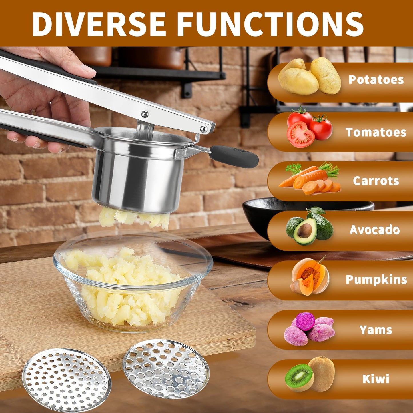 Roryimke 15oz Potato Ricer Heavy Duty Stainless Steel 3 Interchangeable Discs Potato Masher Spaetzle Maker with Silicone Handle Potato Press Kitchen Tool Ricer for Mashed Potatoes for Kitchen