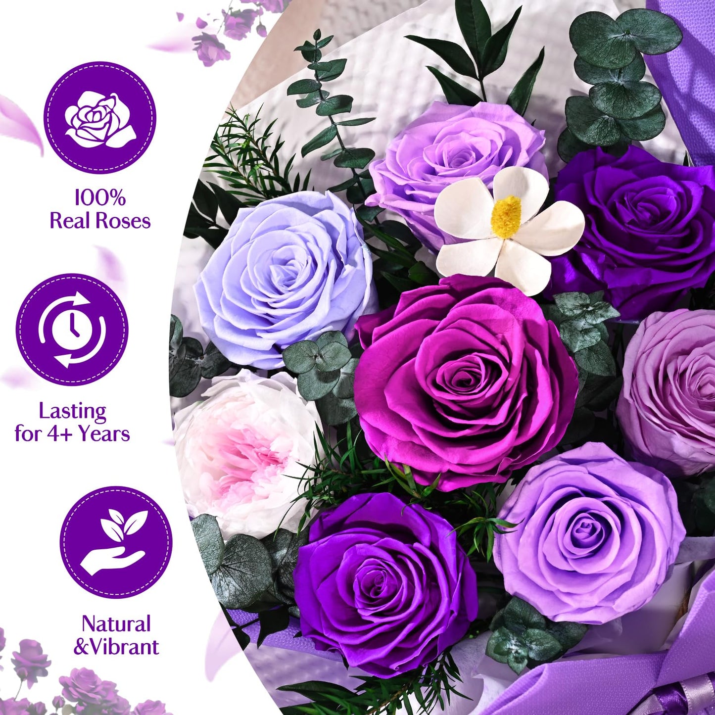 Forever Rose Flowers for Delivery, 8-Piece Preserved Roses Bouquet for Mothers Day Gifts, Long Lasting Purple Roses with Gift Box for Mom, Forever Flowers with Vase Birthday Gift for Her Wife