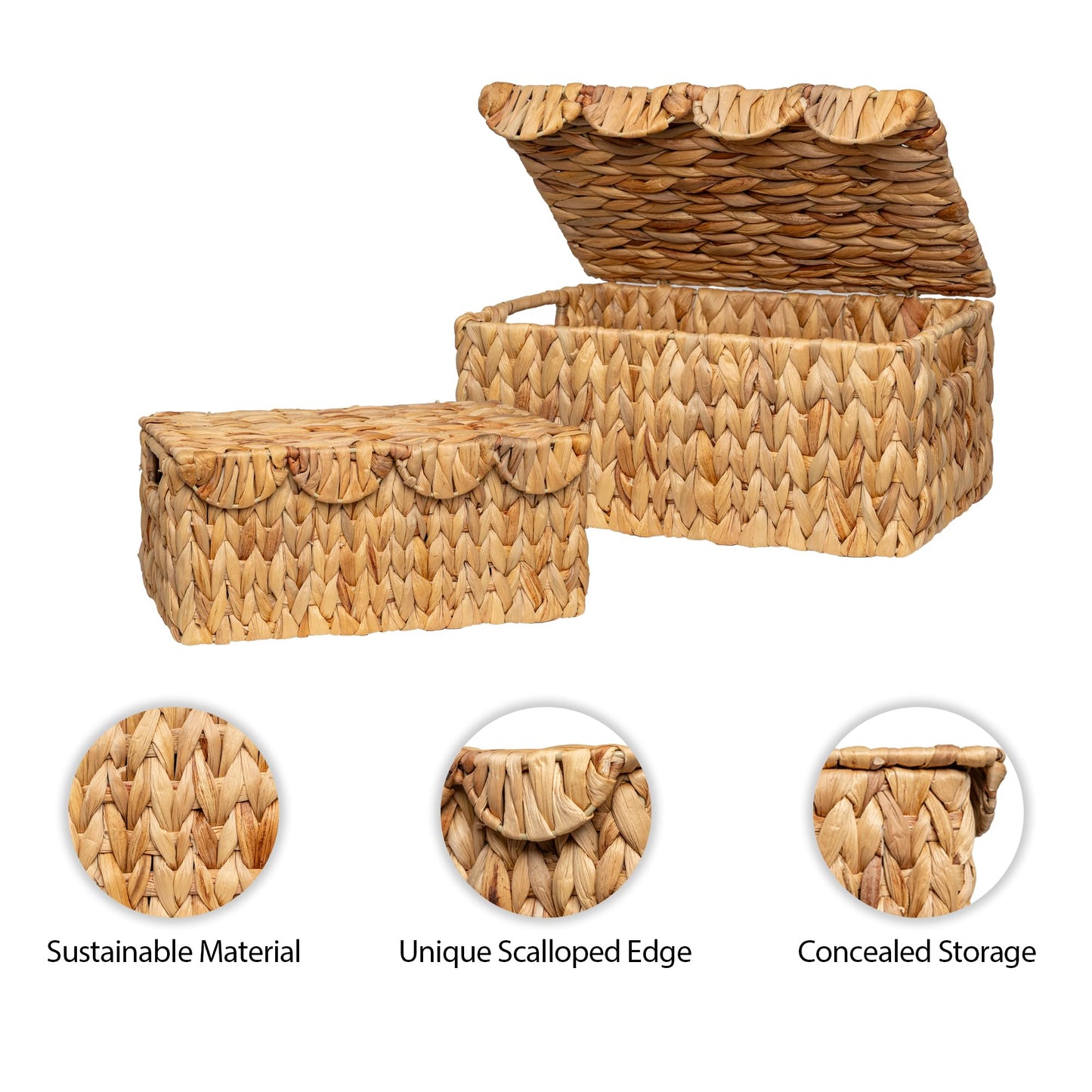 StorageWorks Wicker Basket with Scalloped Edge Lid, Water Hyacinth Basket with Built-in Handles, Handwoven Wicker Box for Living Room, 15" L x 11 ¼" W x 7" H
