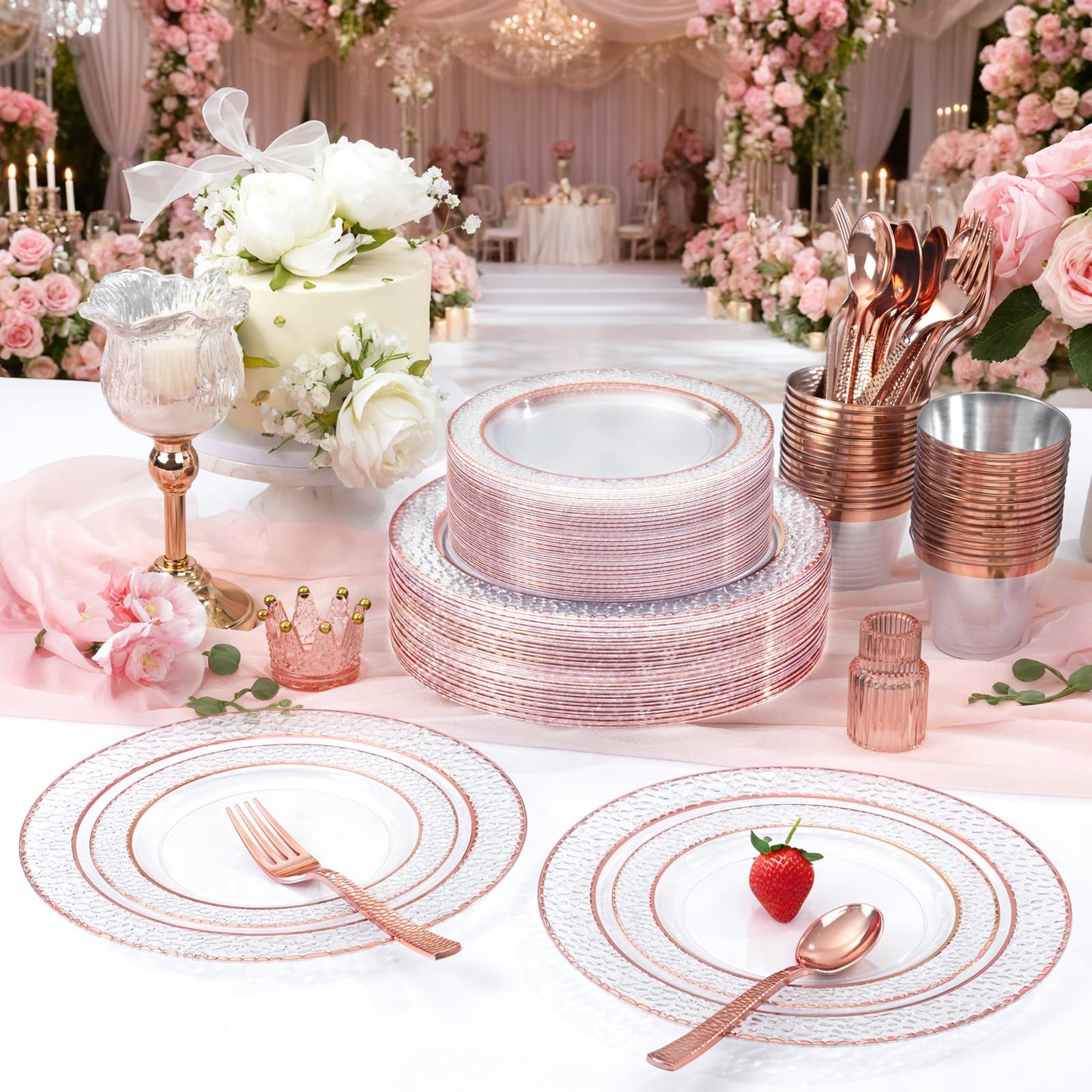 Ciaell 150PCS Rose Gold Plastic Plates – Disposable Plates with Rose Gold Plastic Silverware include 50Plates, 25Forks, 25Knives, 25Spoons, 25Cups for Wedding & Party