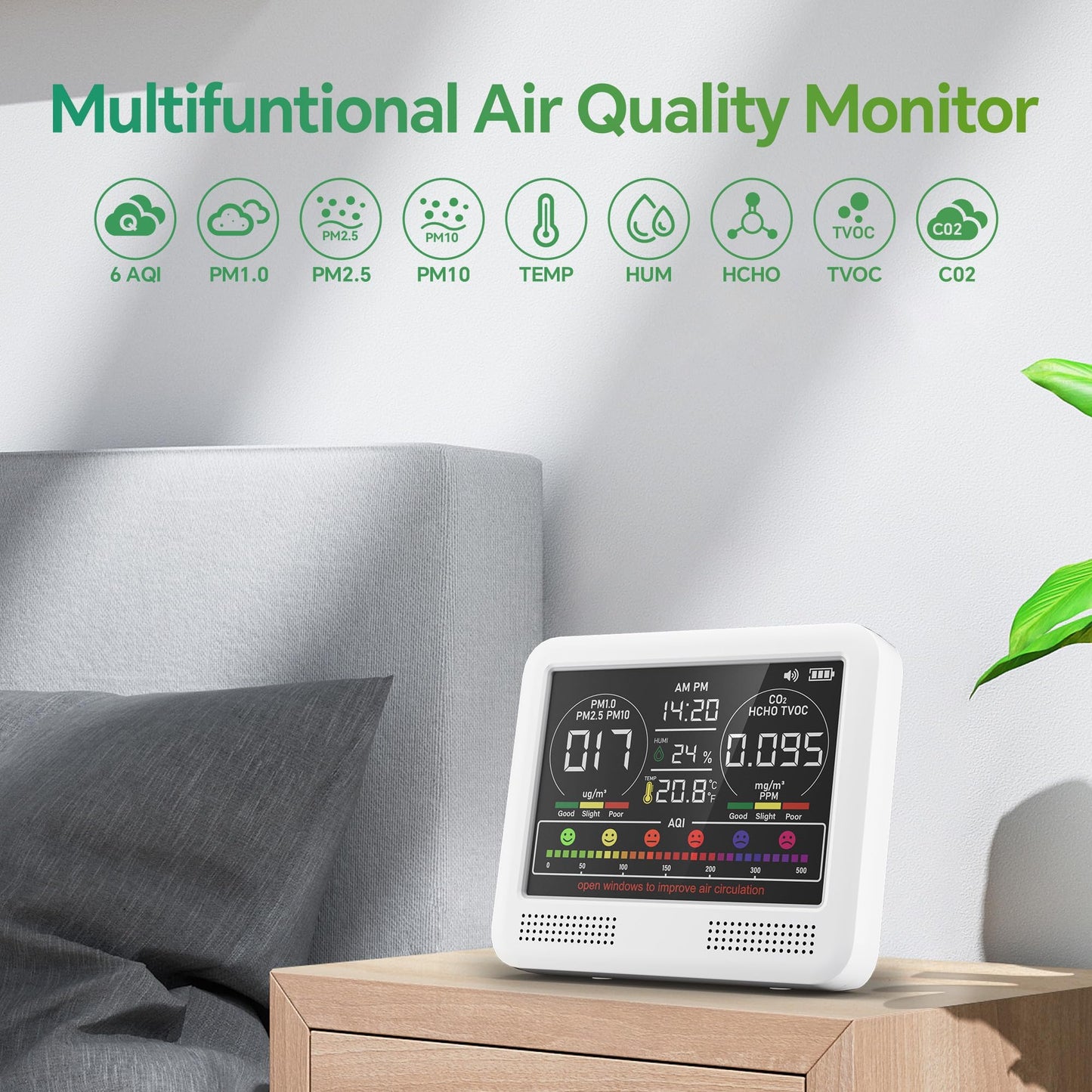 16 in 1 Air Quality Monitor Indoor with 7AQI & Alerts, Air Quality Meter for CO2, TVOC, PM1.0 PM2.5 PM10, HCHO, Temperature Humidity | AQI & Time | Air Detector for Home Office (White)