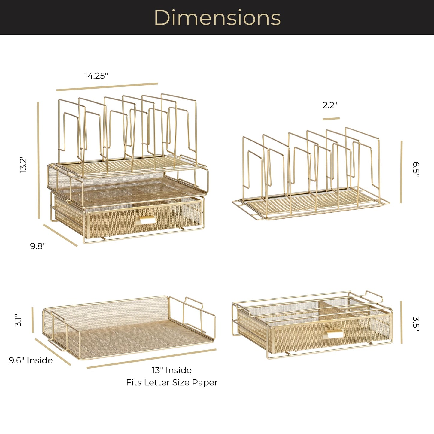 BLU MONACO | Gold Desk Organizer Set with Detachable File Organizer, Stackable Paper Tray & Storage Drawer | Stylish Gold Desk Accessories for Women & Office Organization