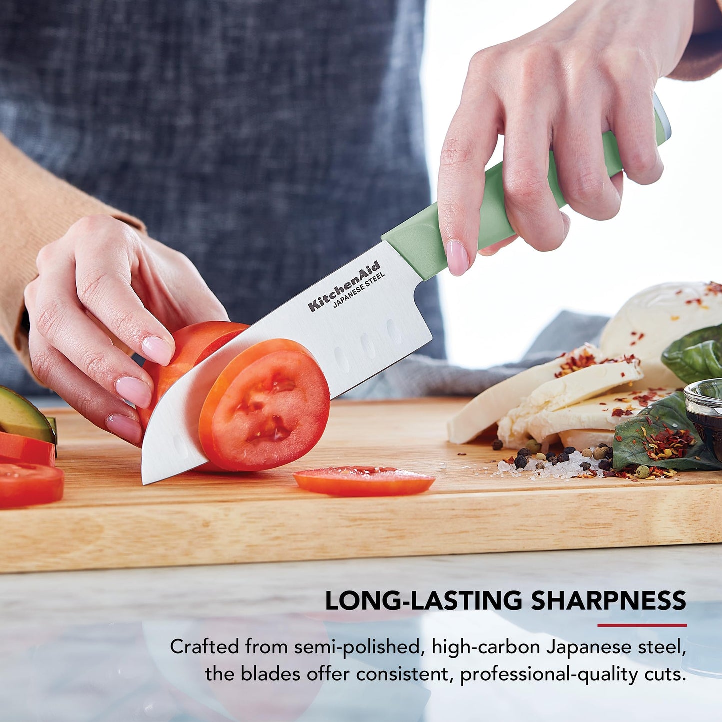 KitchenAid Chef Set with Custom Fit Covers, Sharp Kitchen Knife, Japanese Stainless Steel Blade, 4 Piece, Pistachio