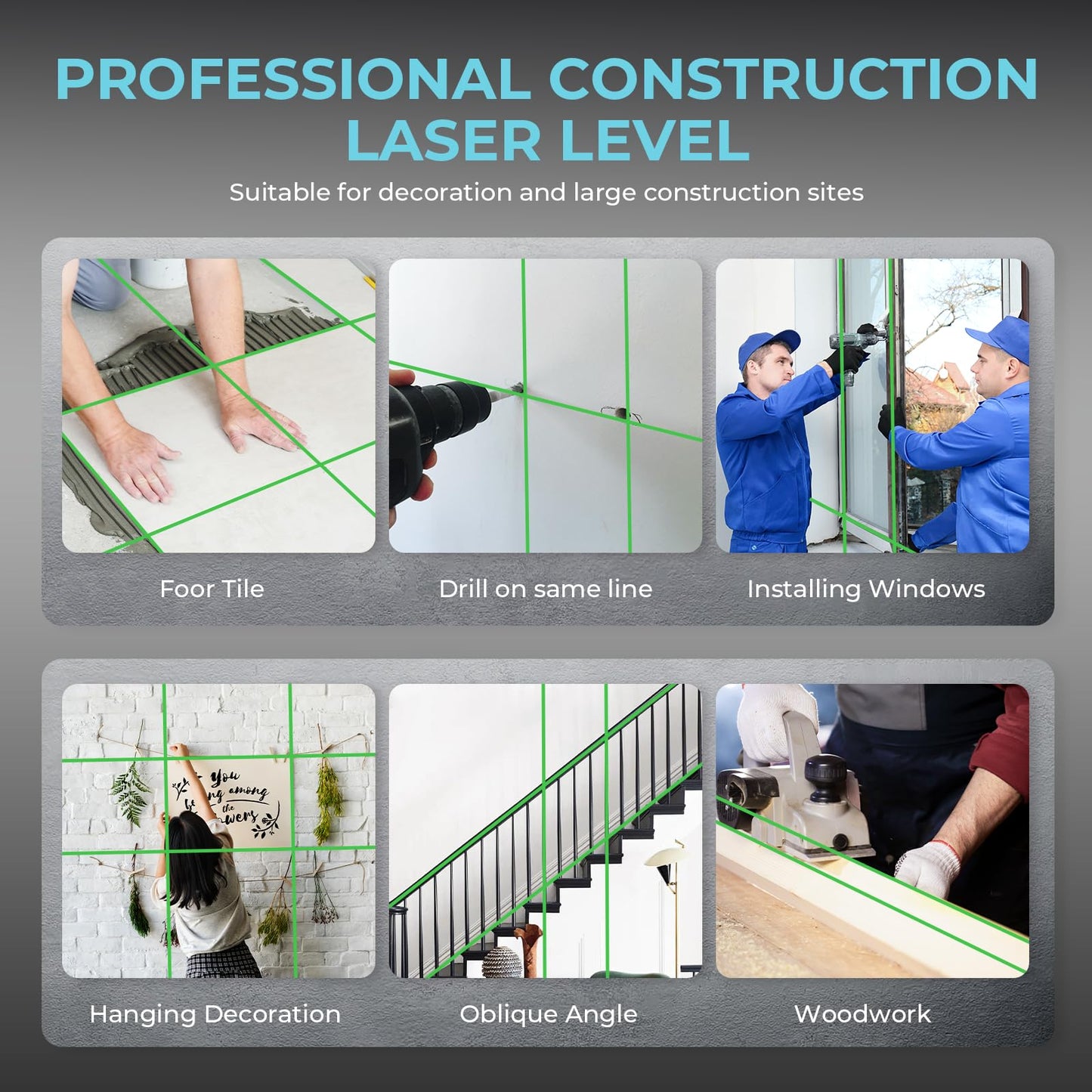 16 Line Laser Level 360 Self Leveling, 4x360°Professional 4D Cross Line Green Laser Level with 2 Batteries, Adjustable Brightness & Remote Control, for Tiling Floor Construction and Picture Hanging