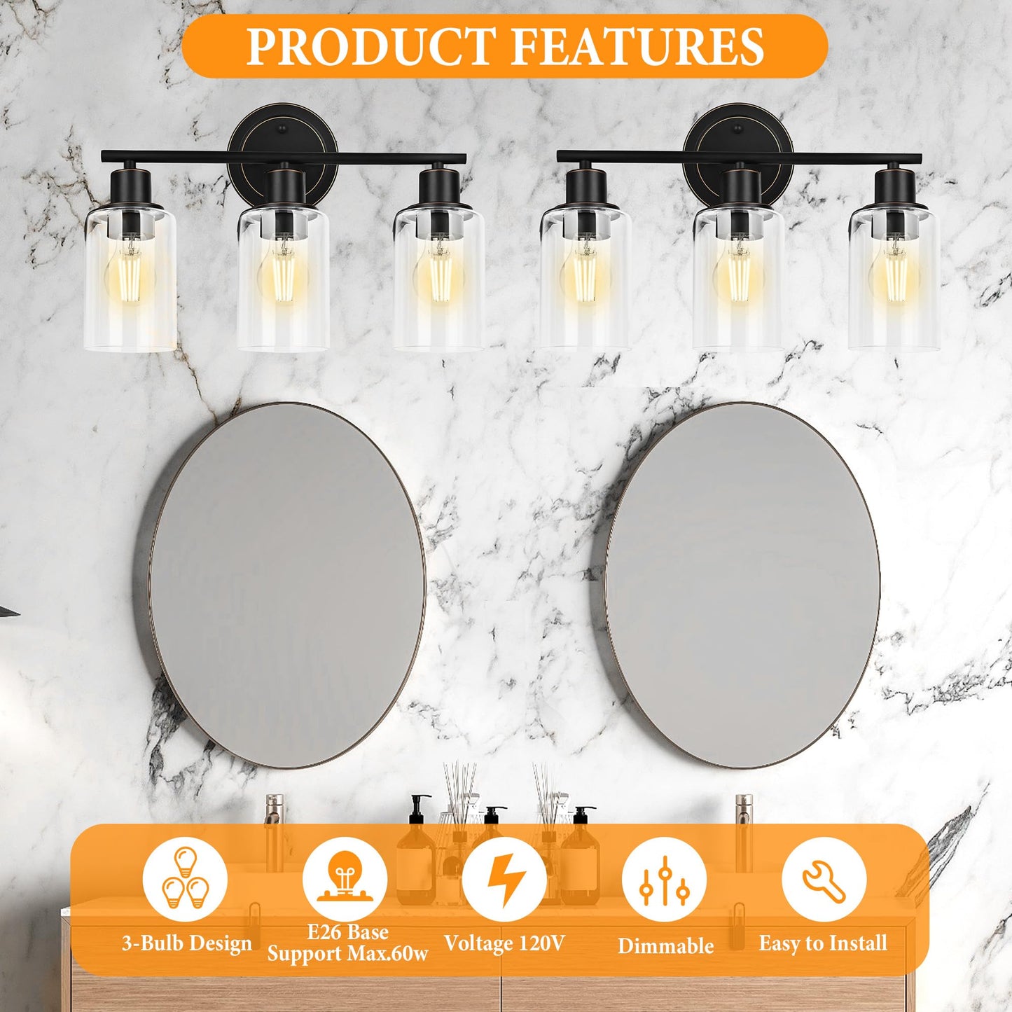 Faymart lighting Oil Rubbed Bronze 3-Light Bathroom Vanity Light Fixture Over Mirror, 3-Light Oil Rubbed Bronze Vanity Lights for Bathroom Three Bulb Wall Sconce Over Sink