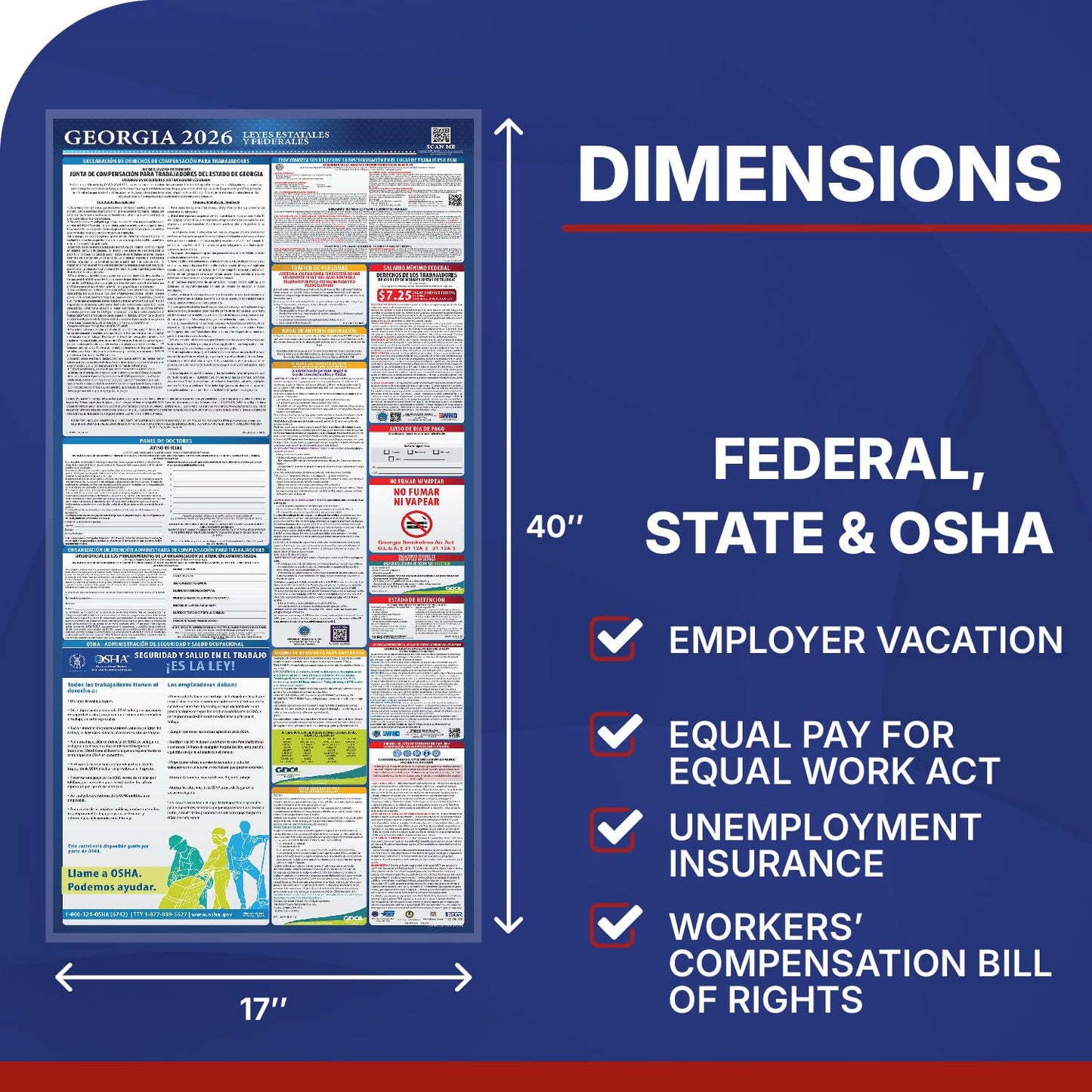 2026 Georgia State and Federal Labor Law Poster - English Spanish Combo - OSHA Workplace Compliant - Mandatory Regulations All-In-One Required Compliance Posting for Employees - 17" x 40" - Laminated (English & Spanish Combo)