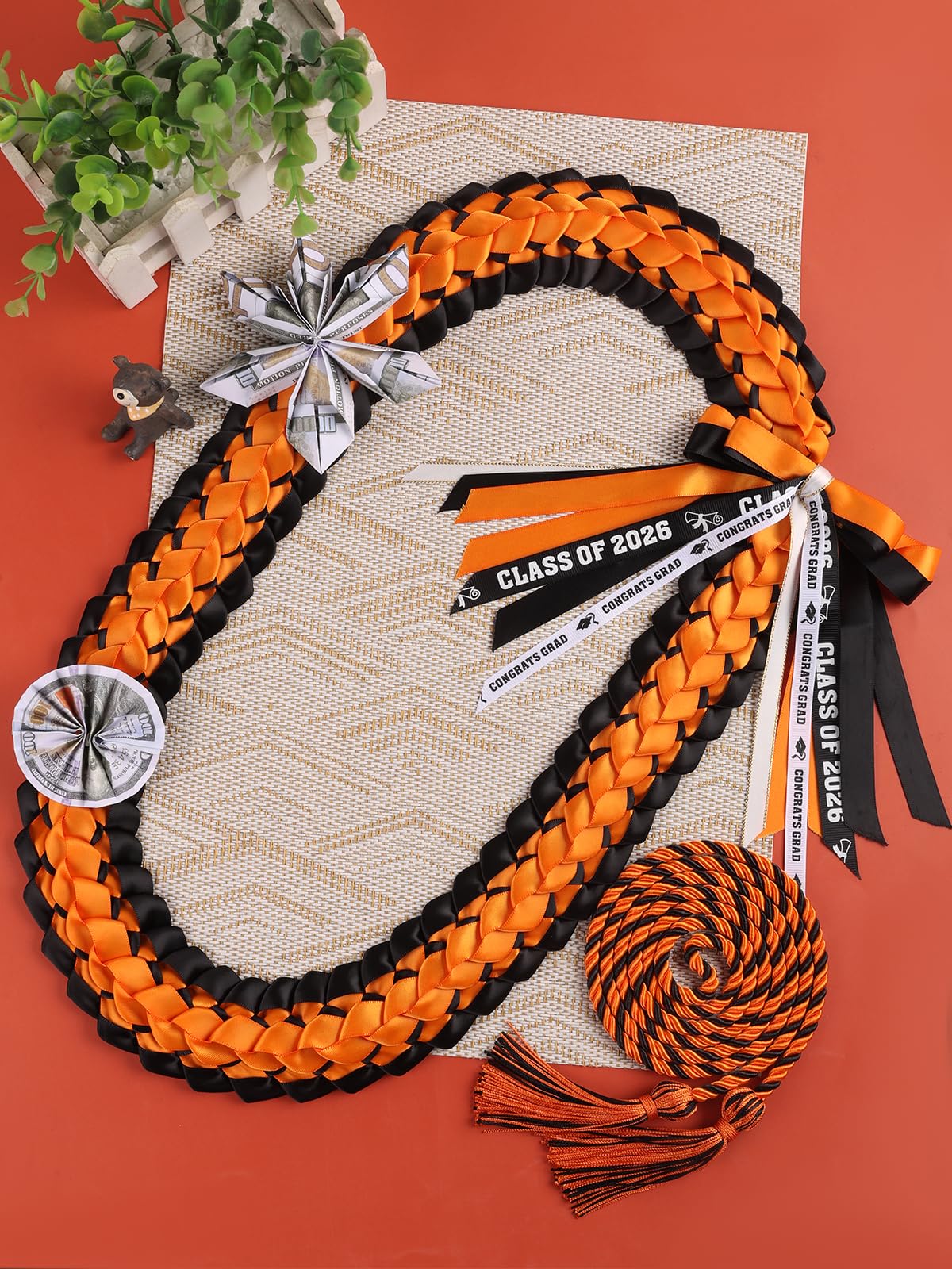 TFTAFAN Graduation Leis and Graduation Honor Cords Class of 2026 Graduation Ribbon Lei Graduation Necklace Braided Necklaces gift for Student Gifts Party Supplies (12, Orange and black)