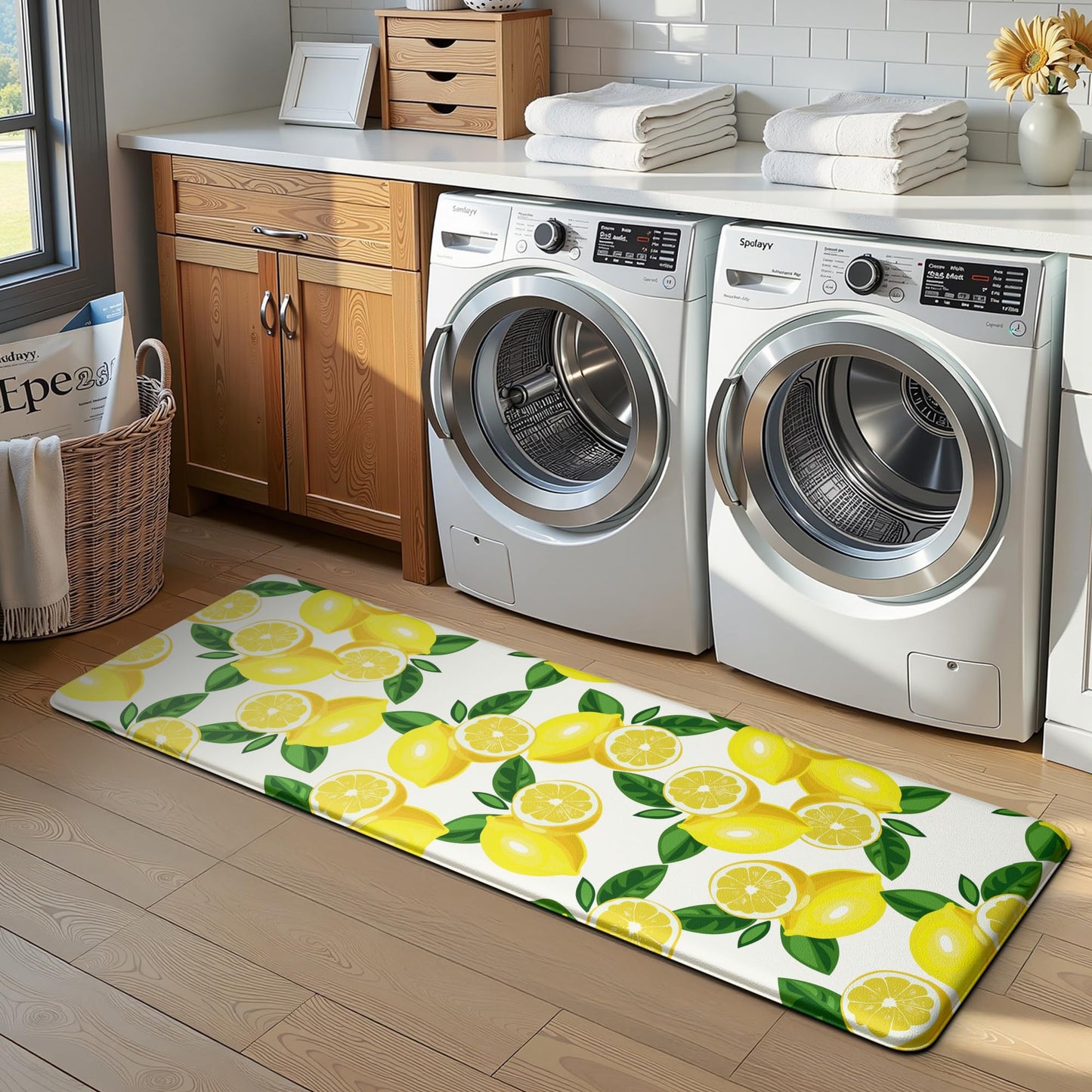 MAYHMYO Lemon Kitchen Mat Set of 2 - Anti Fatigue Mats for Kitchen Floor - Non Slip Cushioned Rugs for Standing - Lemon Decor (17.3"×29"+17.3"×47"-0.4") White