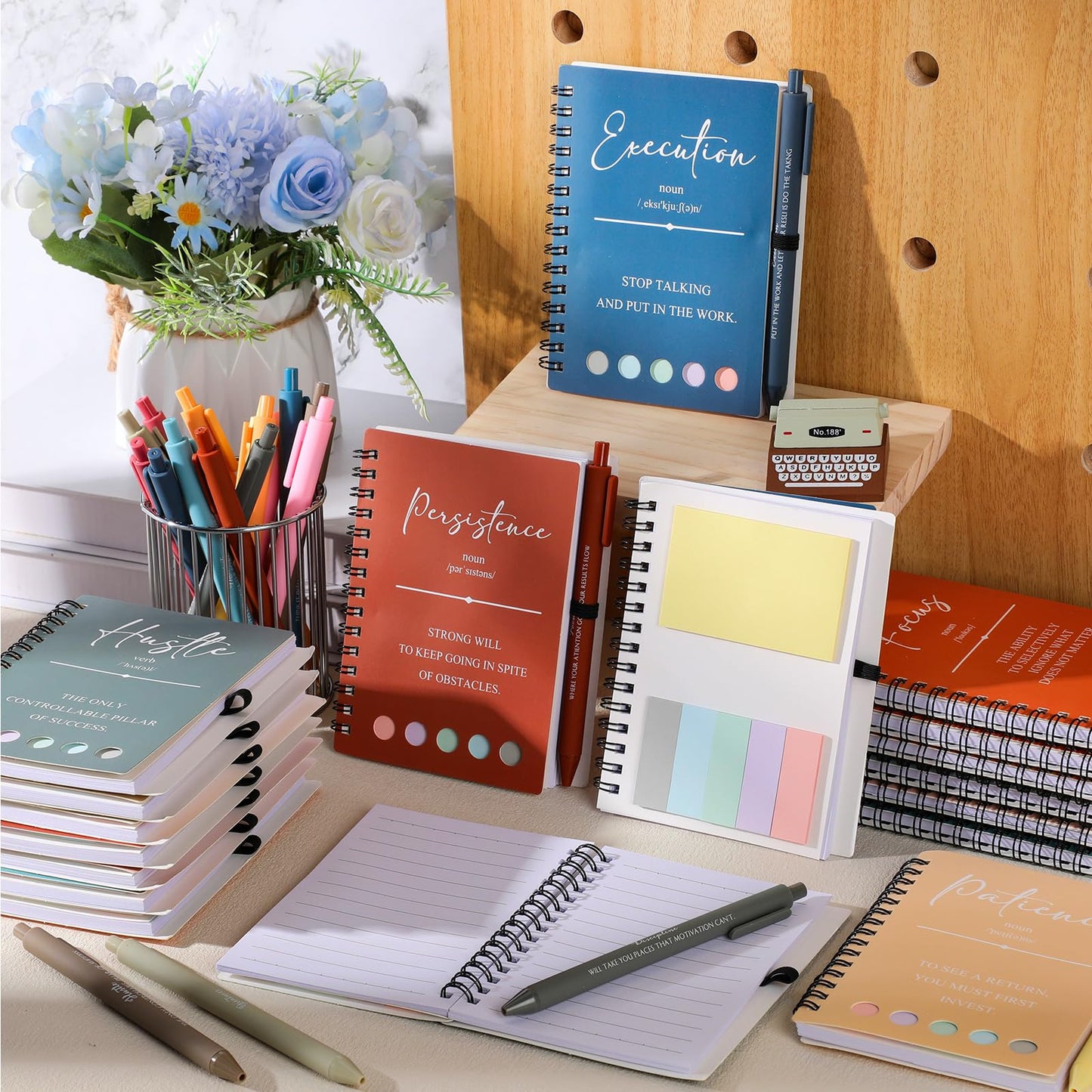 TecUnite 40 Pcs Motivational Spiral Notebooks with Sticky Notes Pen Inspirational Journals Bulk Appreciation Gift for Teacher Nurse Graduation Employee Team Coworker Staff (Macaron)