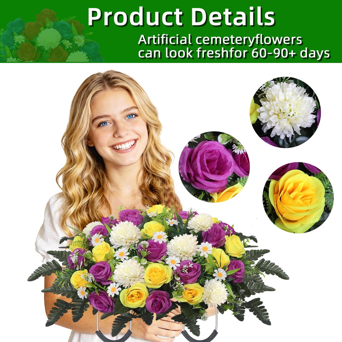 Wocst Headstone Flower Saddle,Large Artificial Cemetery Flowers for Grave Roses & Chrysanthemums Cemetery Memorial Flowers for Outdoor Grave Decorations (Purple)