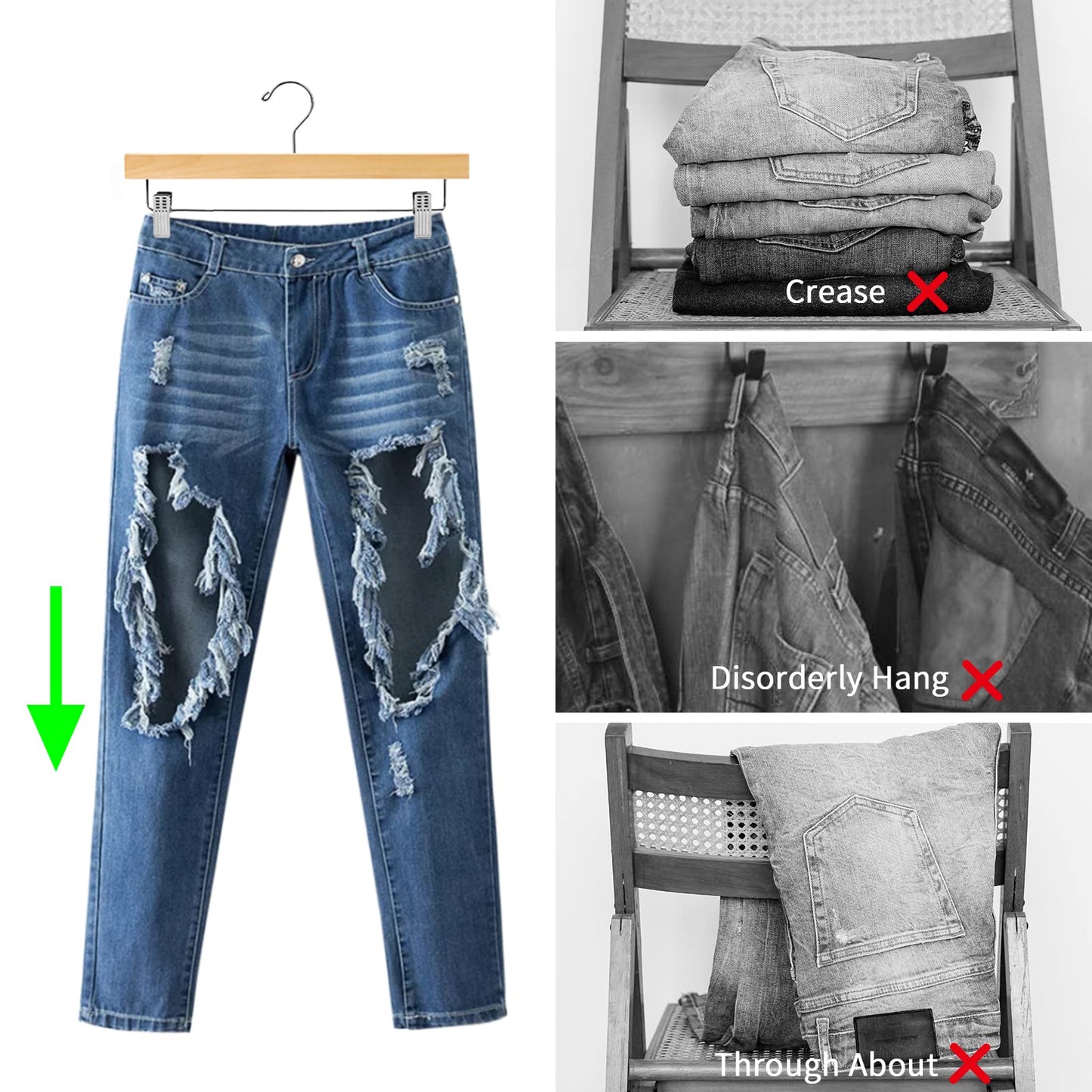 Nature Smile Deluxe Wooden Pants Hangers,Solid Lotus Wood Jeans Skirt Hanger with Clips Anti-Rust Hook Pack of 28（Natural）