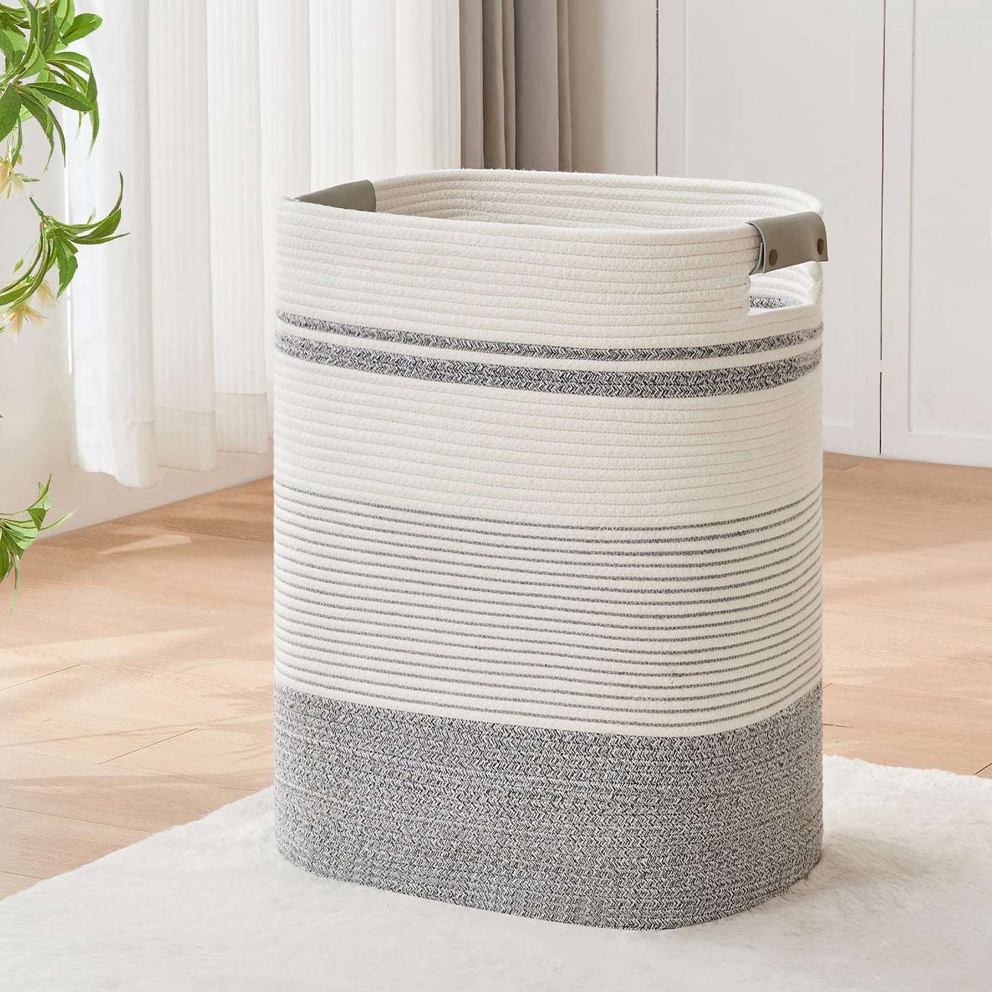 AINUOQI Laundry Basket with Handles - Blanket Basket & Hampers for Bedroom Aesthetic, Laundry Hamper & Blanket Storage for Living Room, Clothes Hamper, Tall, Large 17" x 14" x 22”, Grey & White