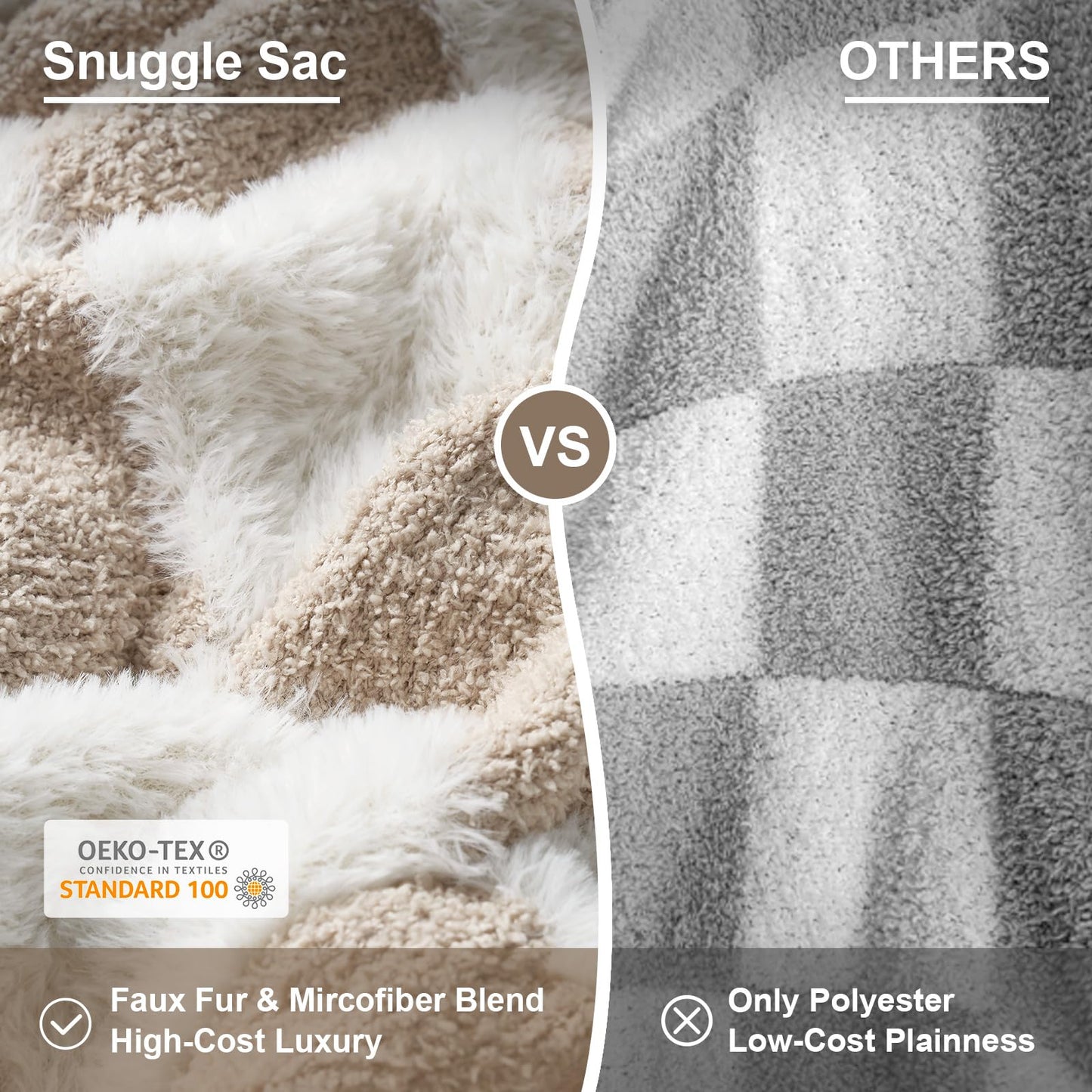 Snuggle Sac Checkered Oversized Throw Blanket Faux Fur Microfiber Blankets for Couch,Cozy Soft Warm Throw XL for Sofa Bedroom Living Room,Beige Checker,50x70 inches