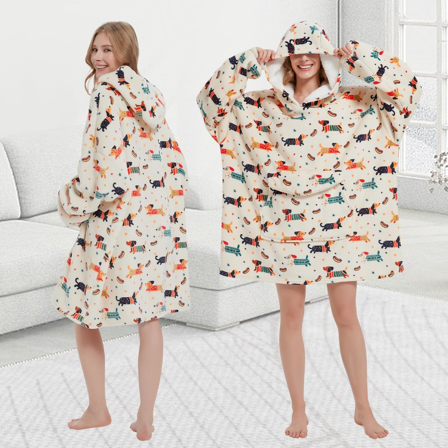Mewkou Wearable Blanket Hoodie for Adult,Oversized Sherpa Fleece Blanket Hoodie for Women Men,Dachshund